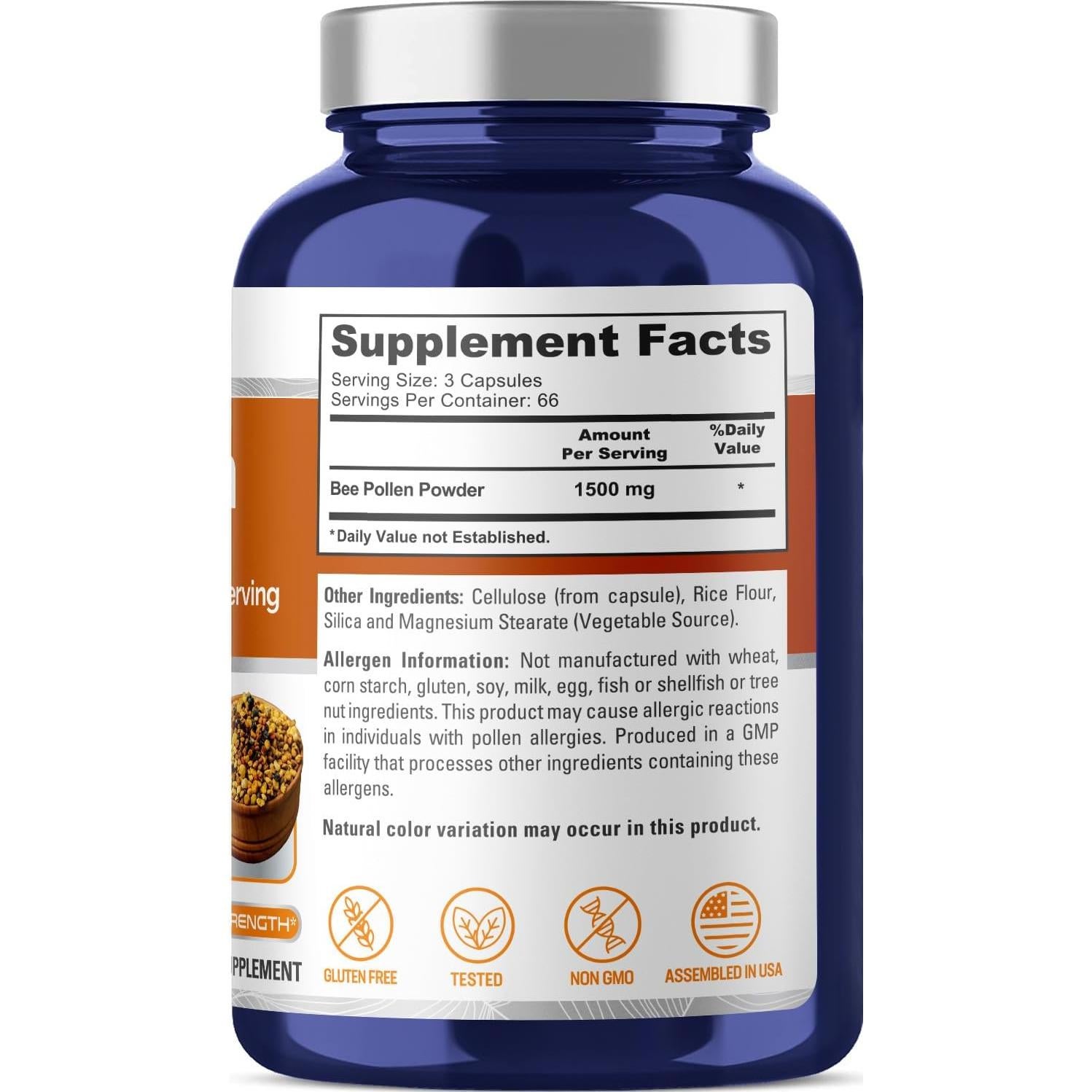 Suplemento de Polen de Abeja NusaPure 1500mg 200 Cápsulas