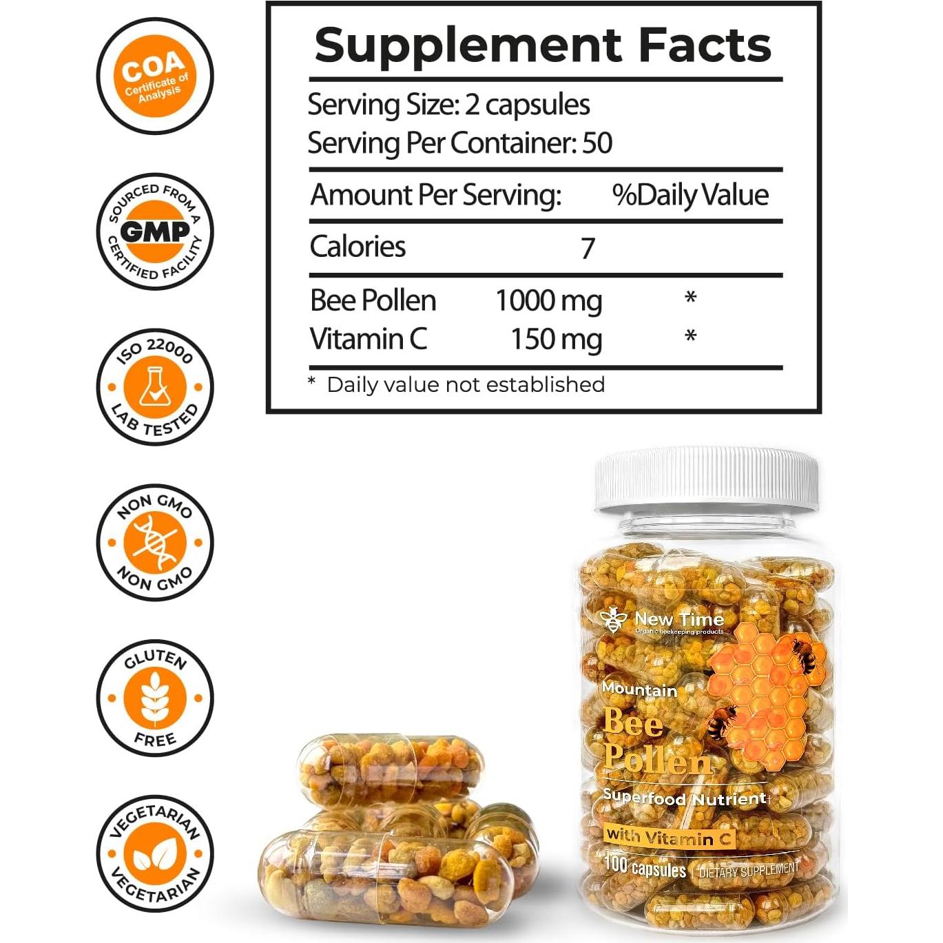 Cápsulas de Polen de Abeja Orgánico New Time - 100% Puro, 100 Unidades