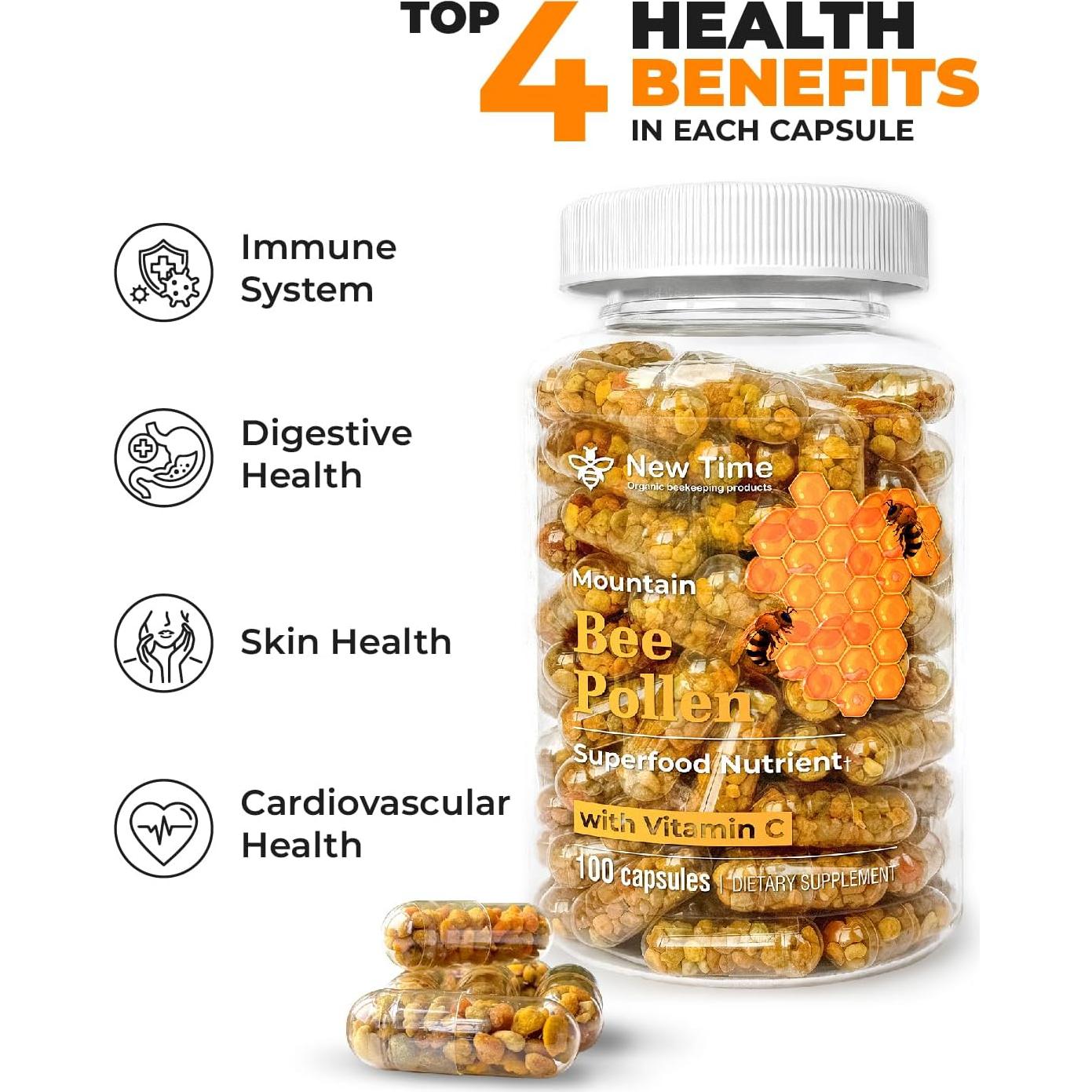 Cápsulas de Polen de Abeja Orgánico New Time - 100% Puro, 100 Unidades