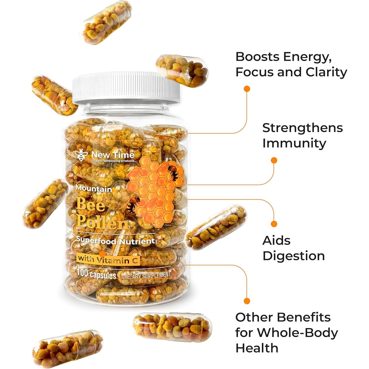 Cápsulas de Polen de Abeja Orgánico New Time - 100% Puro, 100 Unidades