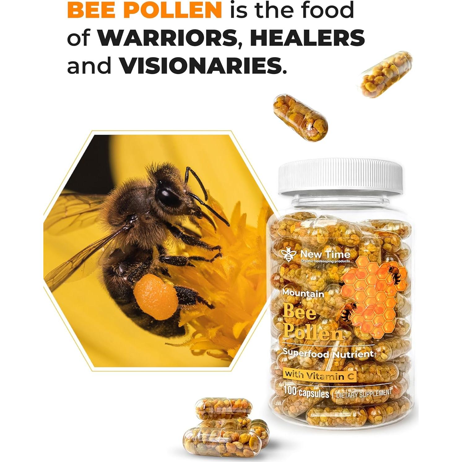 Cápsulas de Polen de Abeja Orgánico New Time - 100% Puro, 100 Unidades
