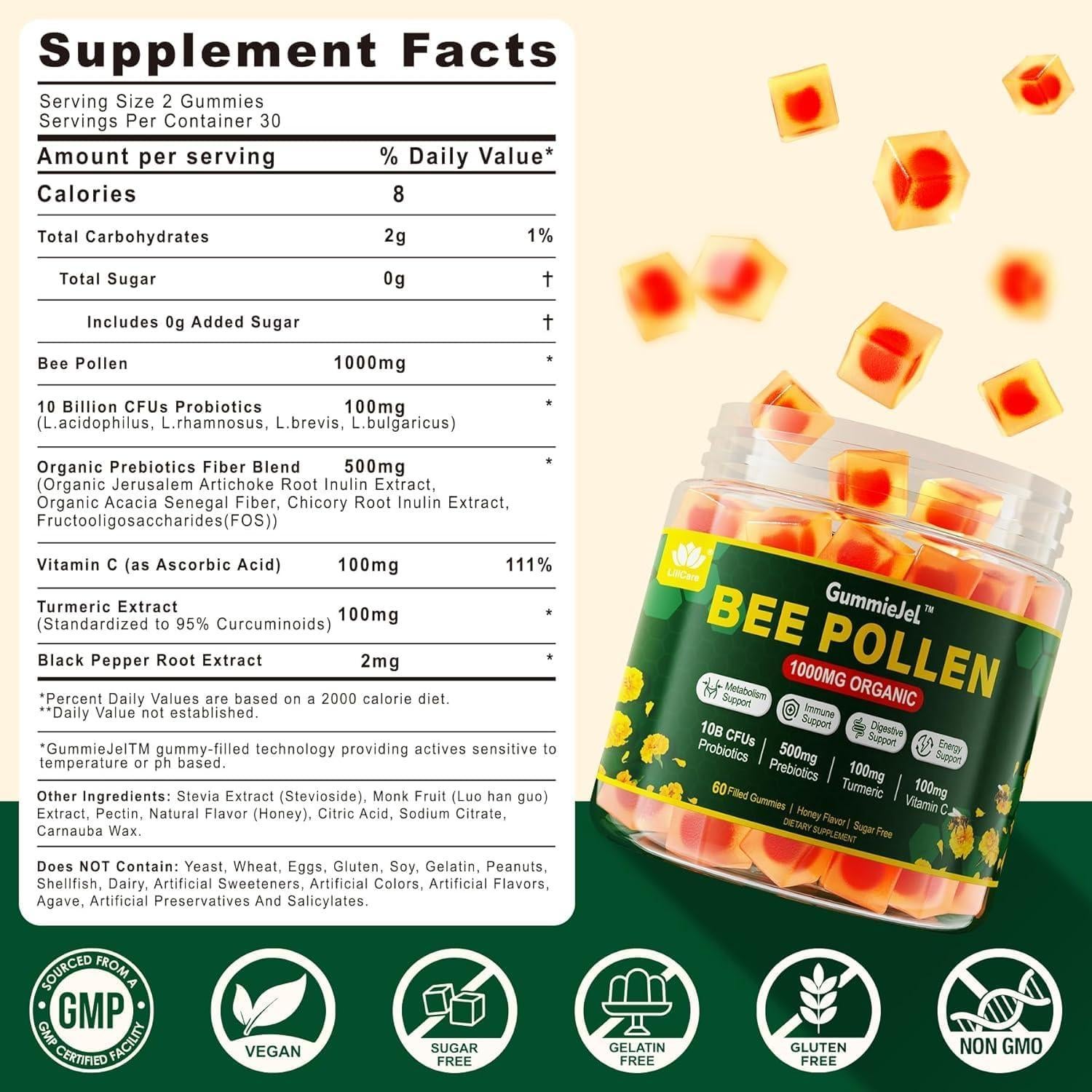 Polen de Abeja Orgánico 1000mg con Probioticos y Cúrcuma