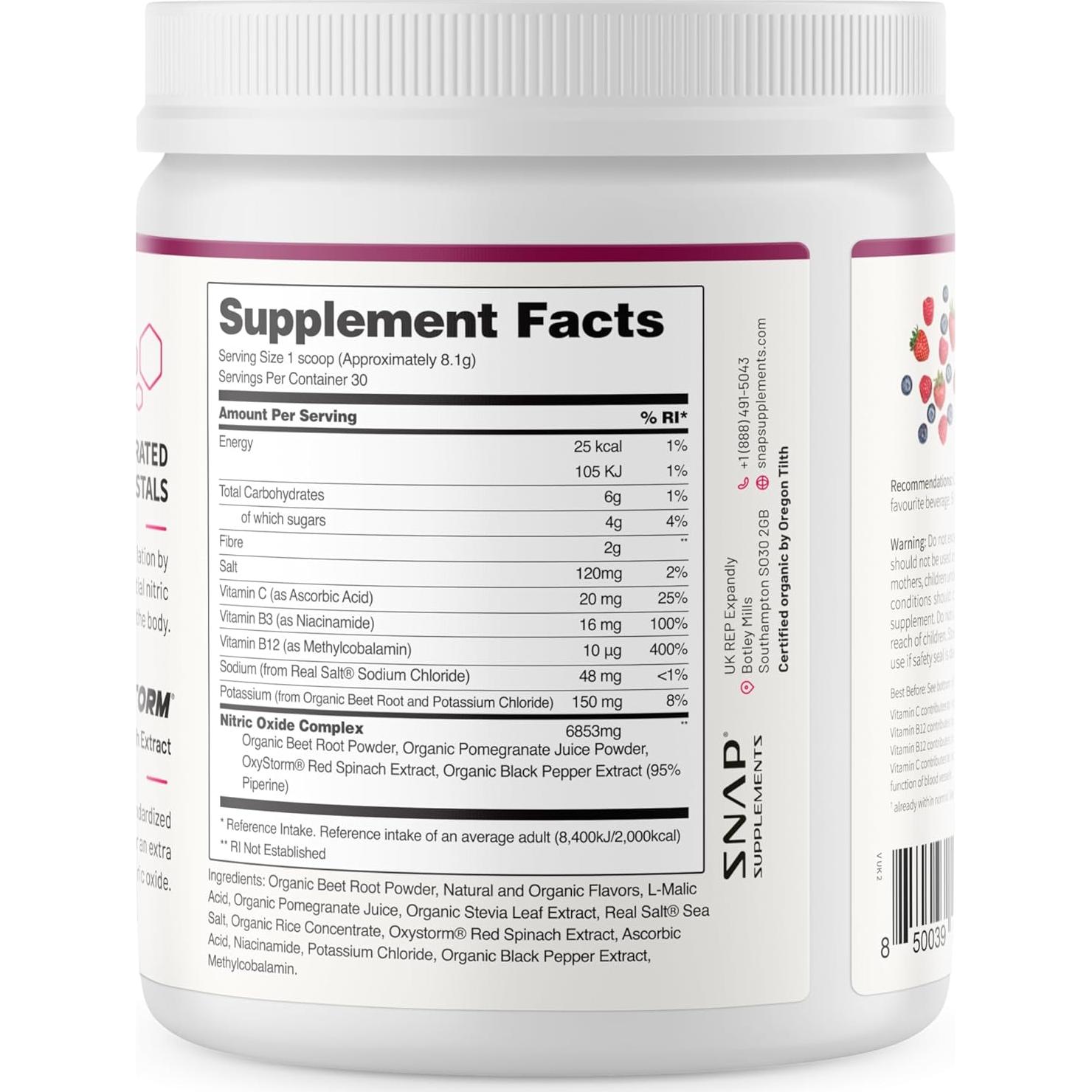 Polvo de remolacha orgánica Snap Supplements 30 porciones bayas