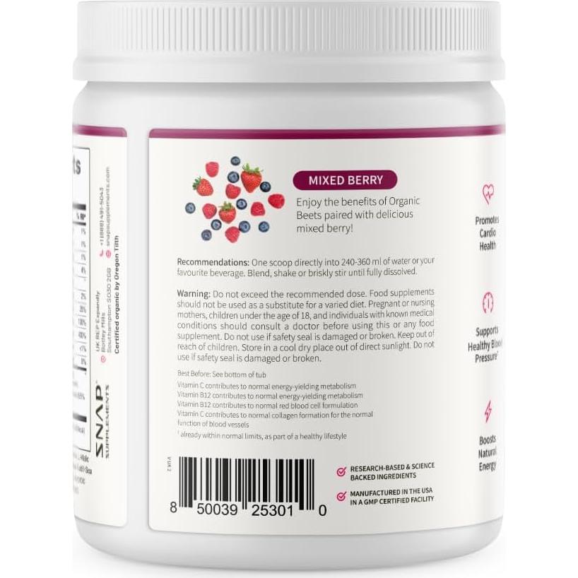 Polvo de remolacha orgánica Snap Supplements 30 porciones bayas