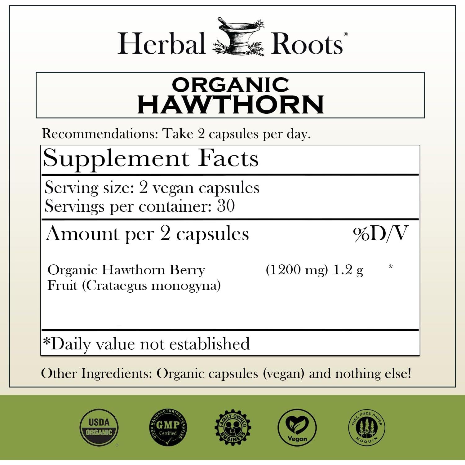 Cápsulas de Baya de Espino Orgánico Herbal Roots 1200mg 60 Unidades