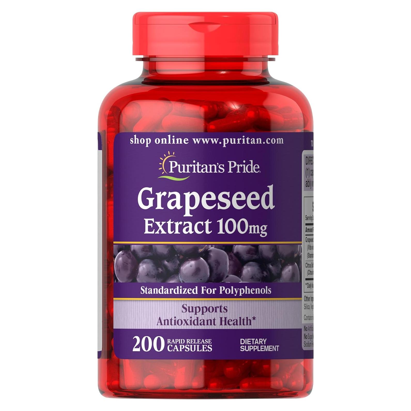 Puritan's Pride Grapeseed Extract 100mg with Citrus Bioflavonoid Complex, Dietary Supplement for Antioxidant and Heart Health Support, 200 Rapid Release Capsules