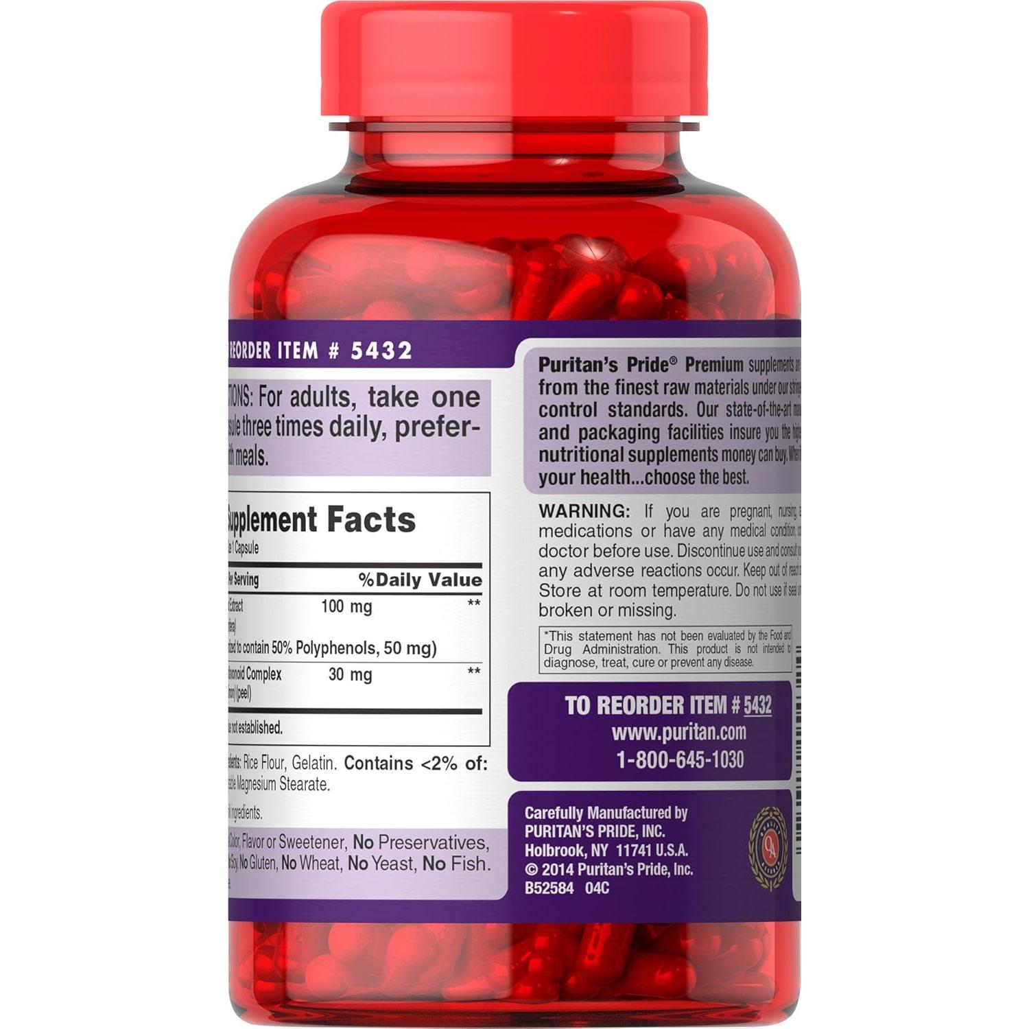 Puritan's Pride Grapeseed Extract 100mg with Citrus Bioflavonoid Complex, Dietary Supplement for Antioxidant and Heart Health Support, 200 Rapid Release Capsules
