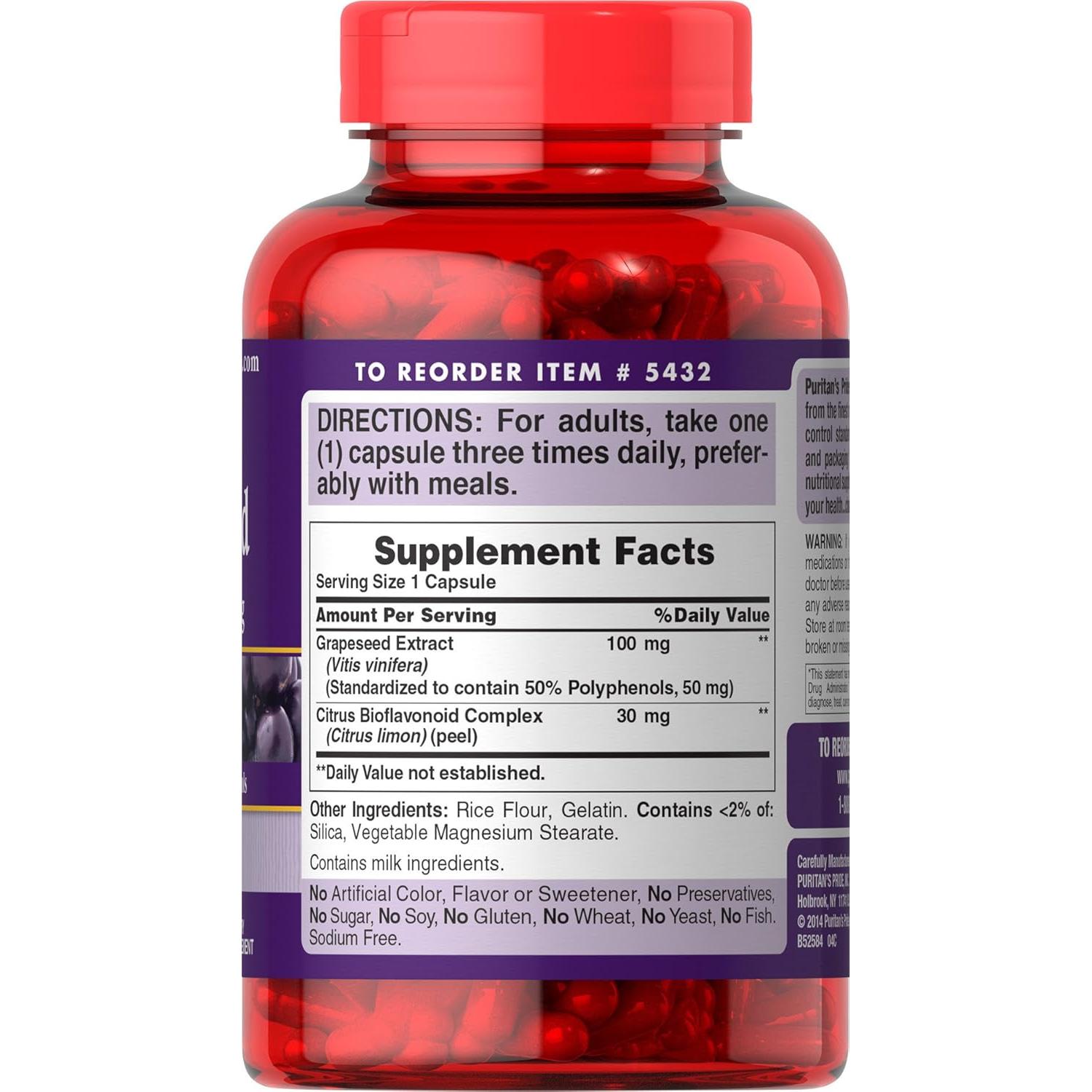 Puritan's Pride Grapeseed Extract 100mg with Citrus Bioflavonoid Complex, Dietary Supplement for Antioxidant and Heart Health Support, 200 Rapid Release Capsules