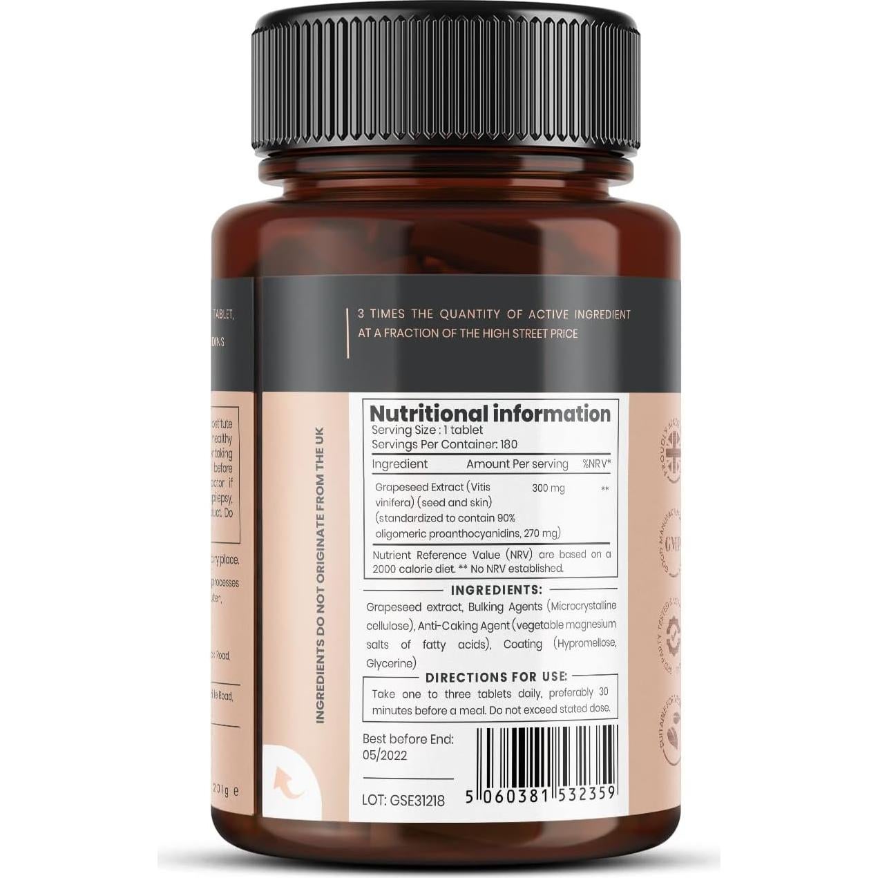 Extracto de Semilla de Uva Pureclinica 300mg x 180 Tabletas - 90% Proantocianidinas