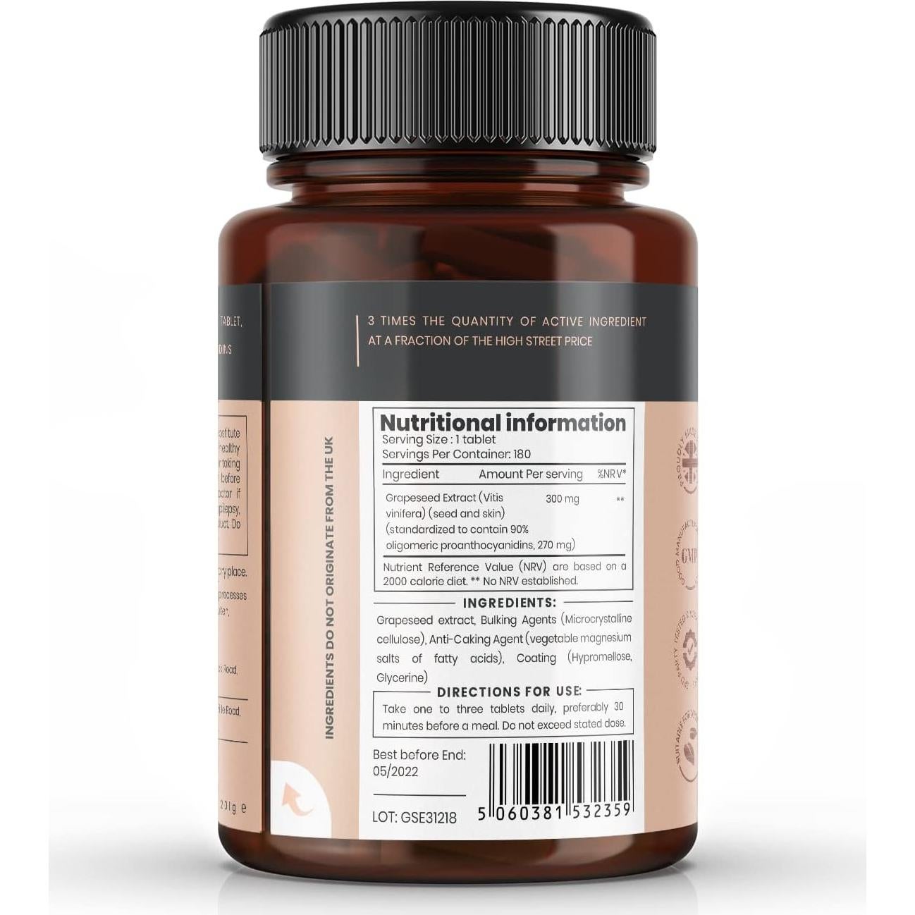 Extracto de Semilla de Uva Pureclinica 300mg x 180 Tabletas - 90% Proantocianidinas