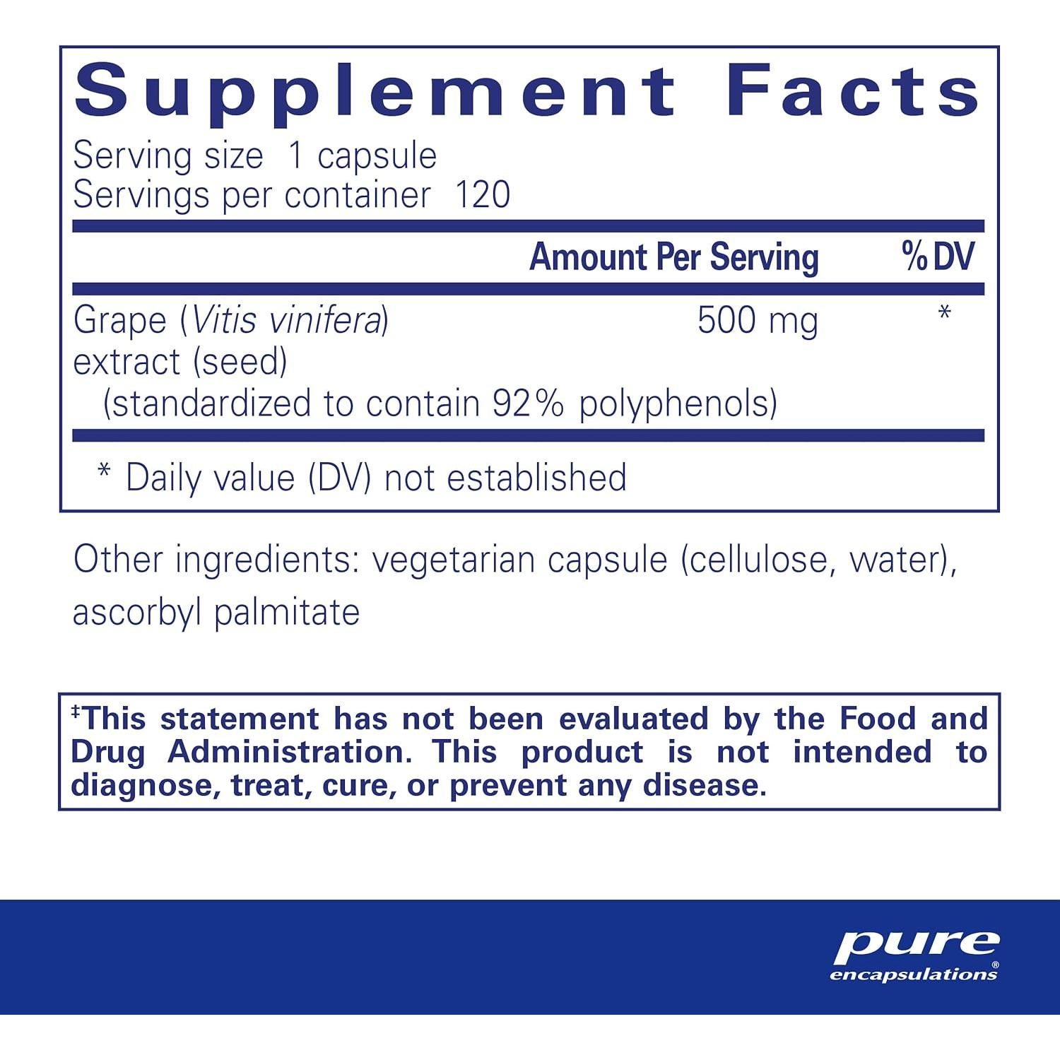 Suplemento de Semilla de Uva 500 mg Pure Encapsulations 120 Cápsulas