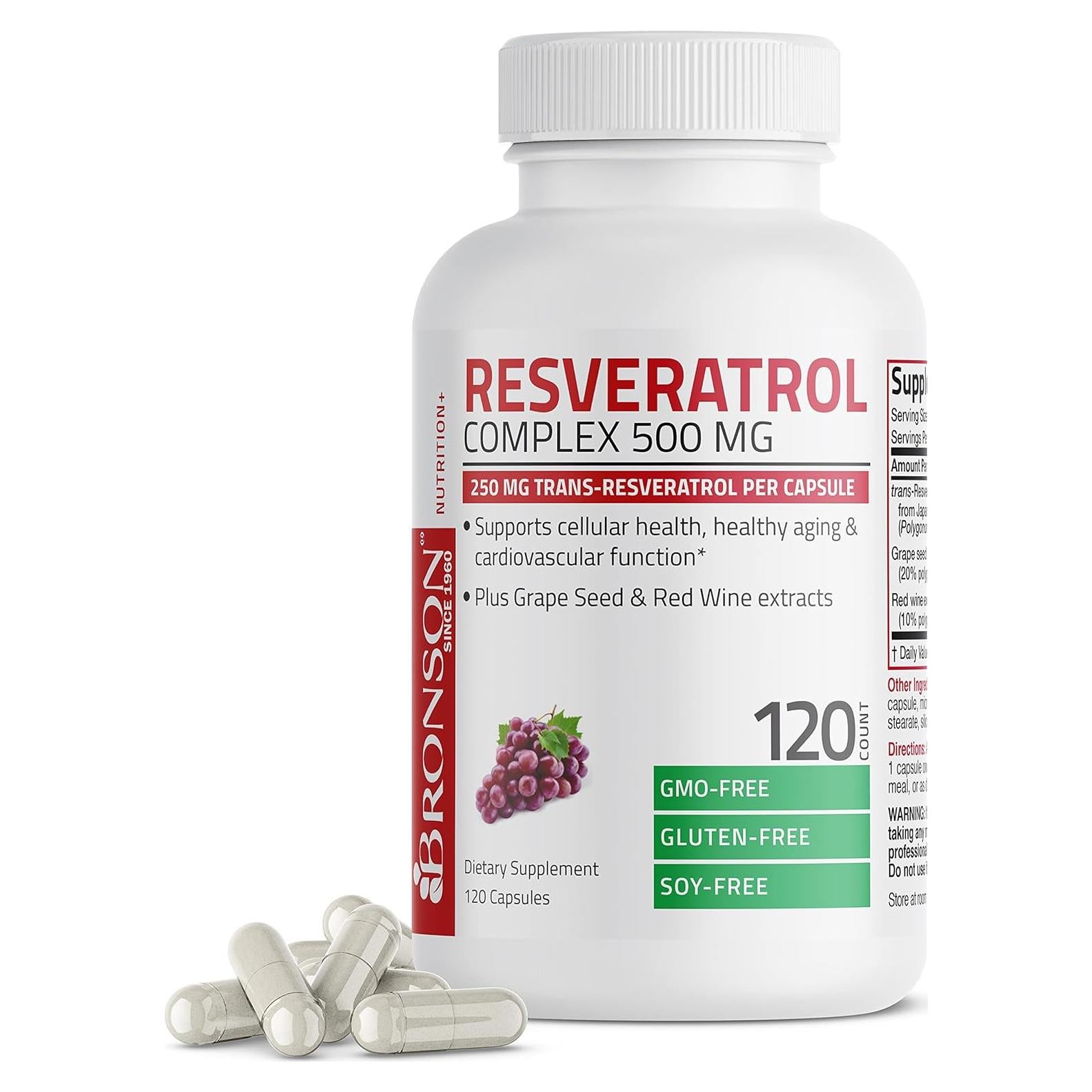 Bronson Resveratrol 500 mg - Trans-Resveratrol + Semilla de Uva - 120 Cápsulas