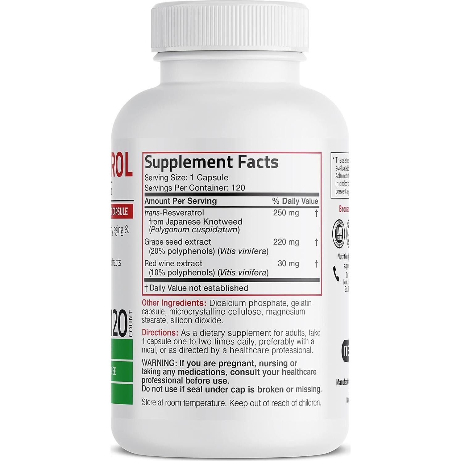 Bronson Resveratrol 500 mg - Trans-Resveratrol + Semilla de Uva - 120 Cápsulas