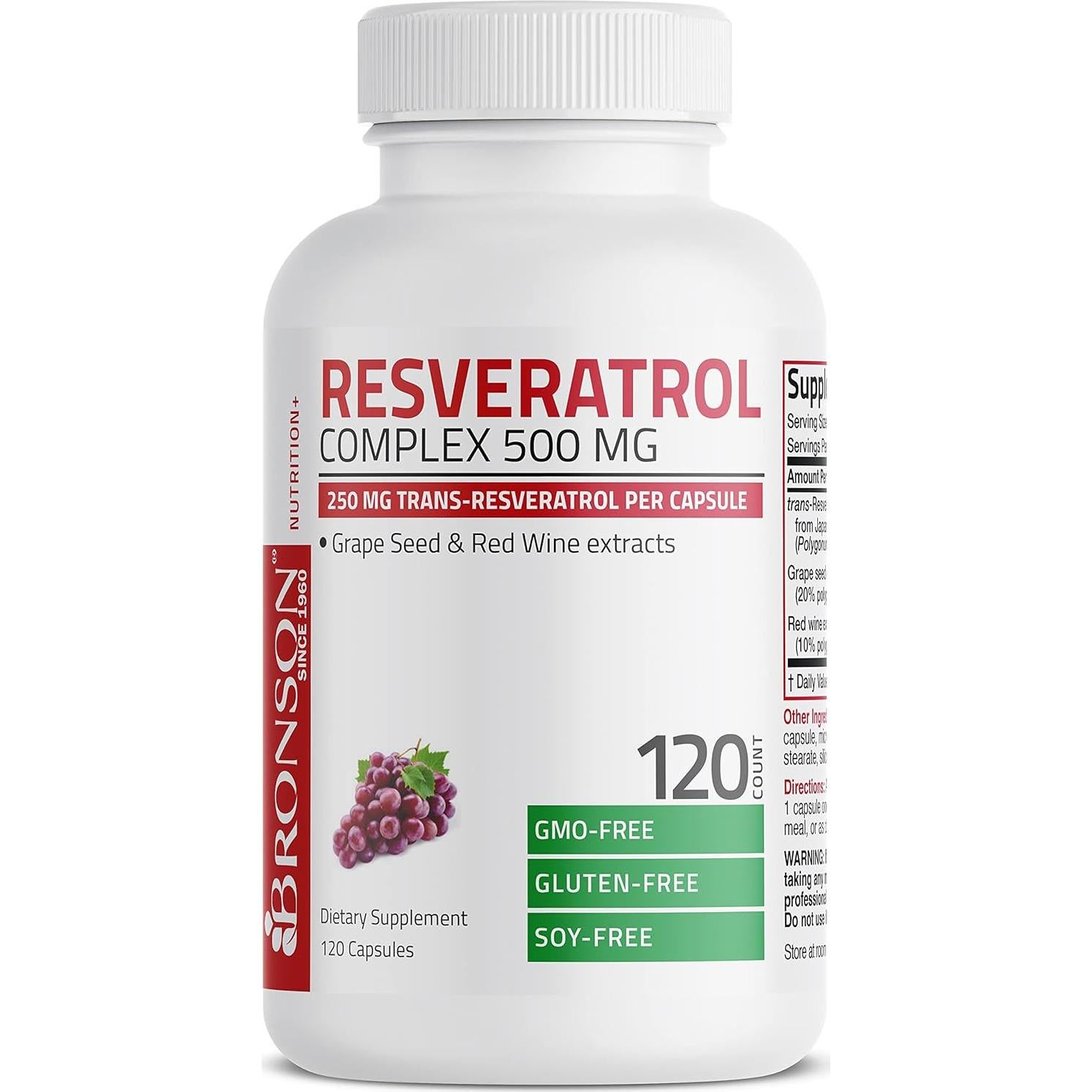 Bronson Resveratrol 500 mg - Trans-Resveratrol + Semilla de Uva - 120 Cápsulas