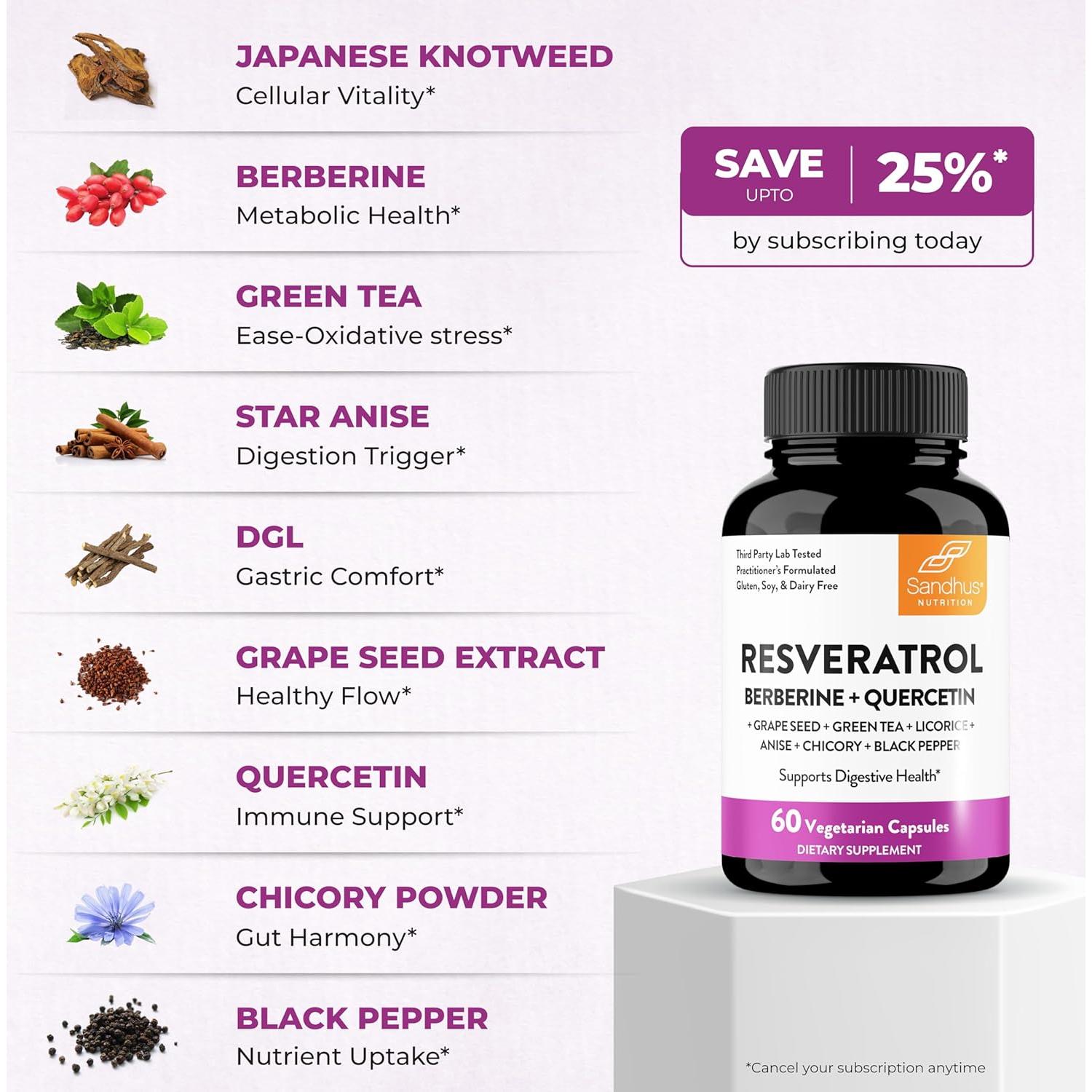 Resveratrol Sandhu 60 Cápsulas - Suplemento Digestivo Natural