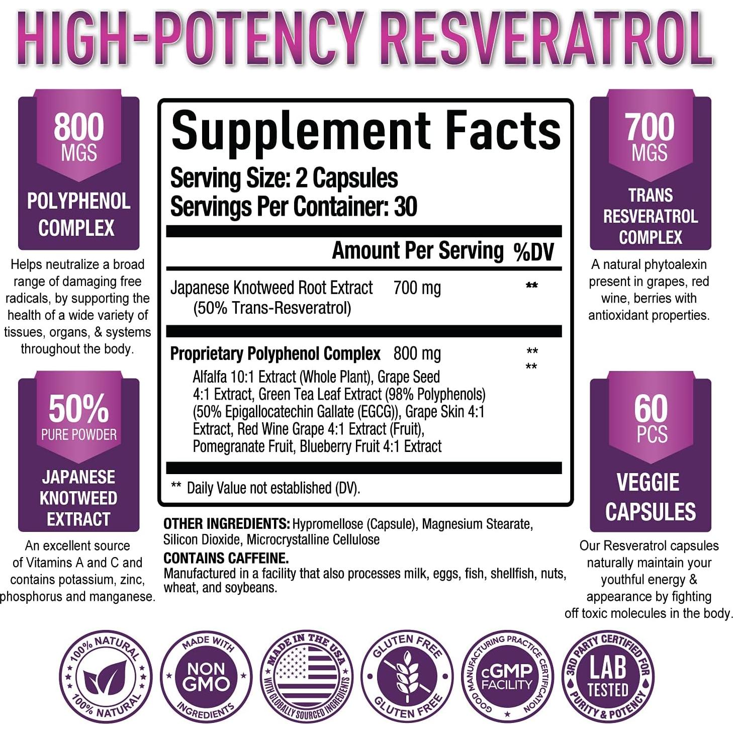 Suplemento de Resveratrol Óptimo Puro 1500mg - 60 Cápsulas Veganas