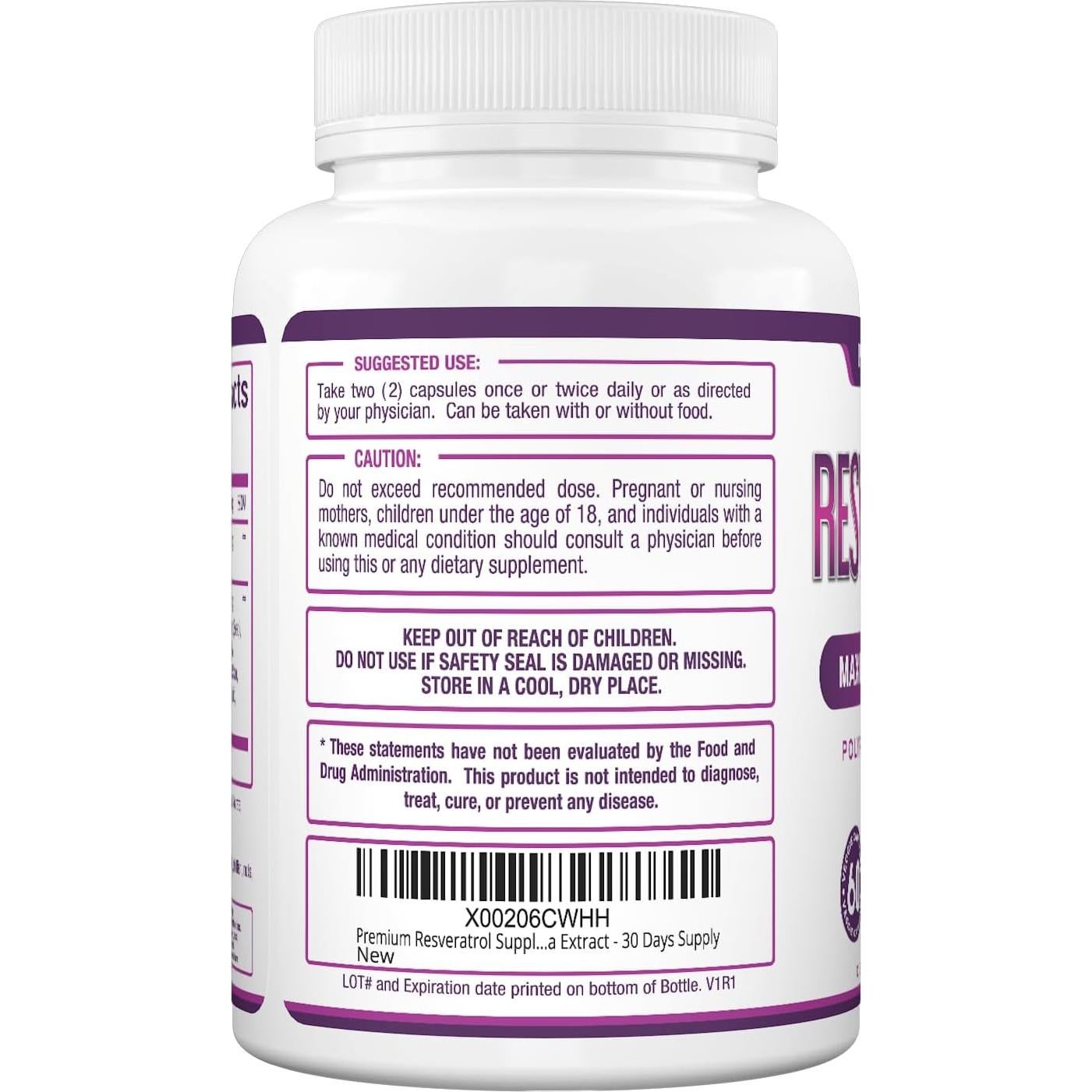 Suplemento de Resveratrol Óptimo Puro 1500mg - 60 Cápsulas Veganas