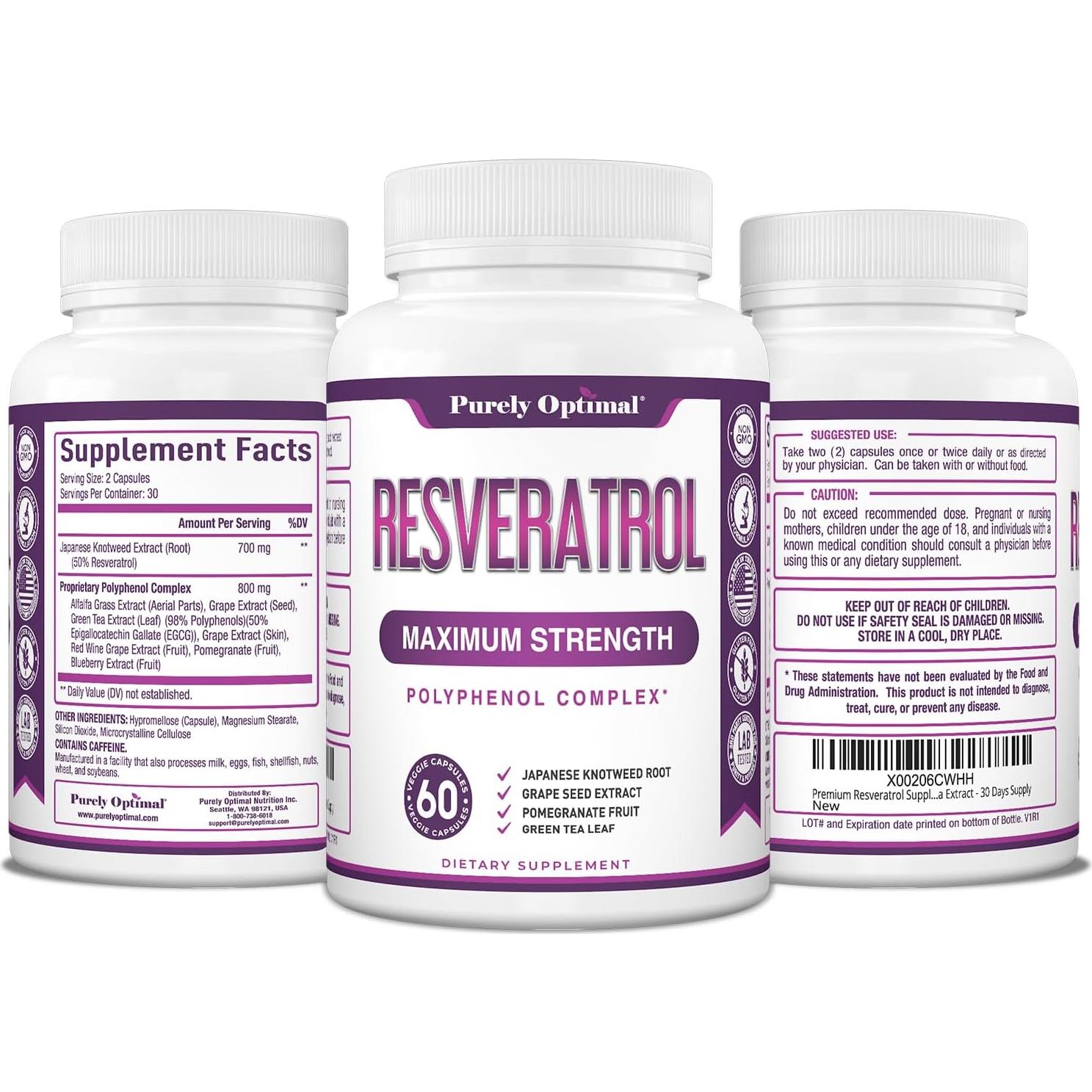 Suplemento de Resveratrol Óptimo Puro 1500mg - 60 Cápsulas Veganas