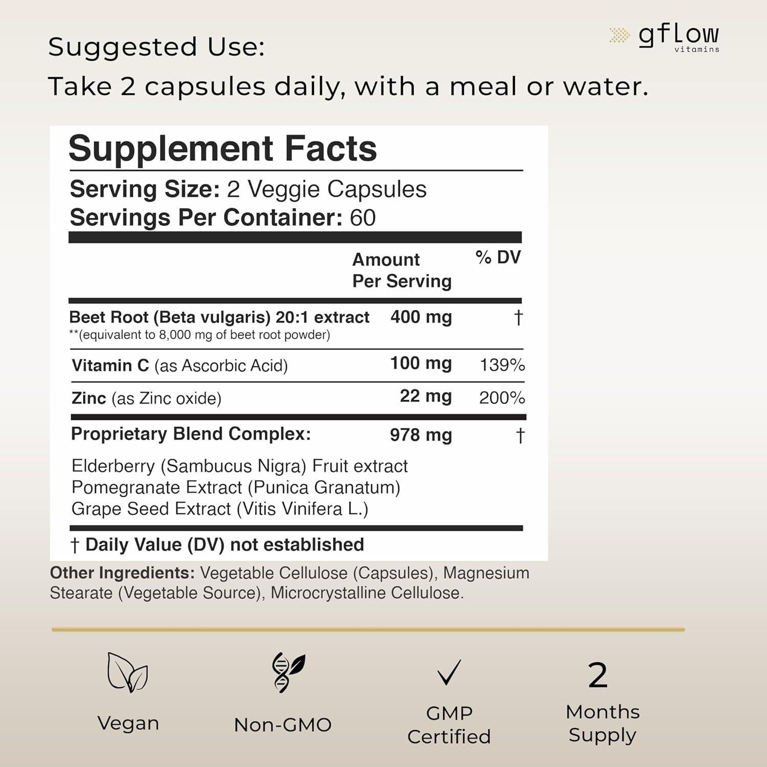 Cápsulas de raíz de remolacha Gflow Vitamins 400 mg - Superalimento