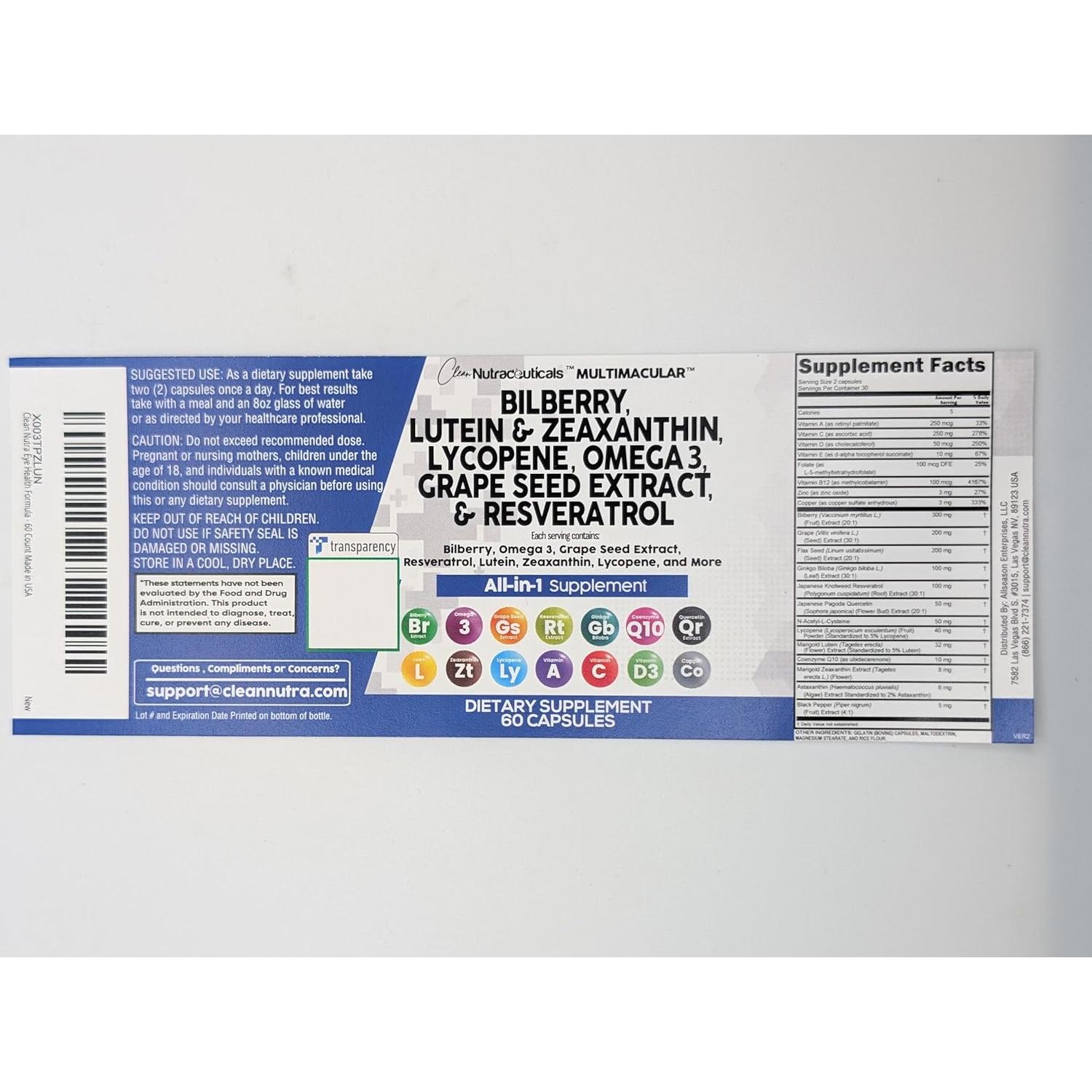 Vitaminas Oculares Clean Nutraceuticals con Luteína y Omega 3 - 2 Paquetes