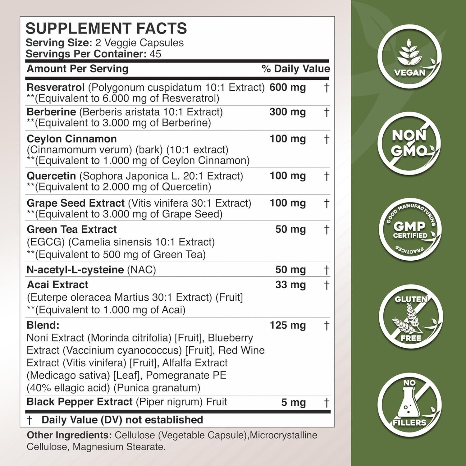 Suplemento Antioxidante 14 en 1 Gade Nutrition - Resveratrol, Berberina, Quercetina, Té Verde