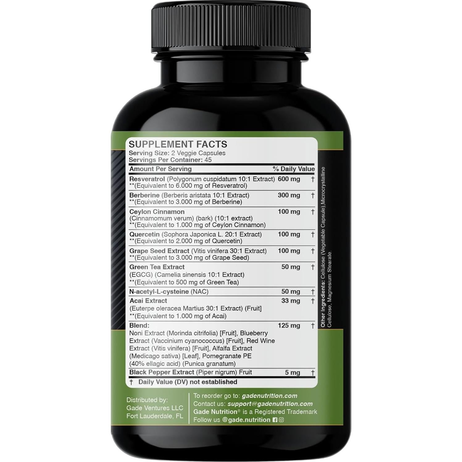 Suplemento Antioxidante 14 en 1 Gade Nutrition - Resveratrol, Berberina, Quercetina, Té Verde