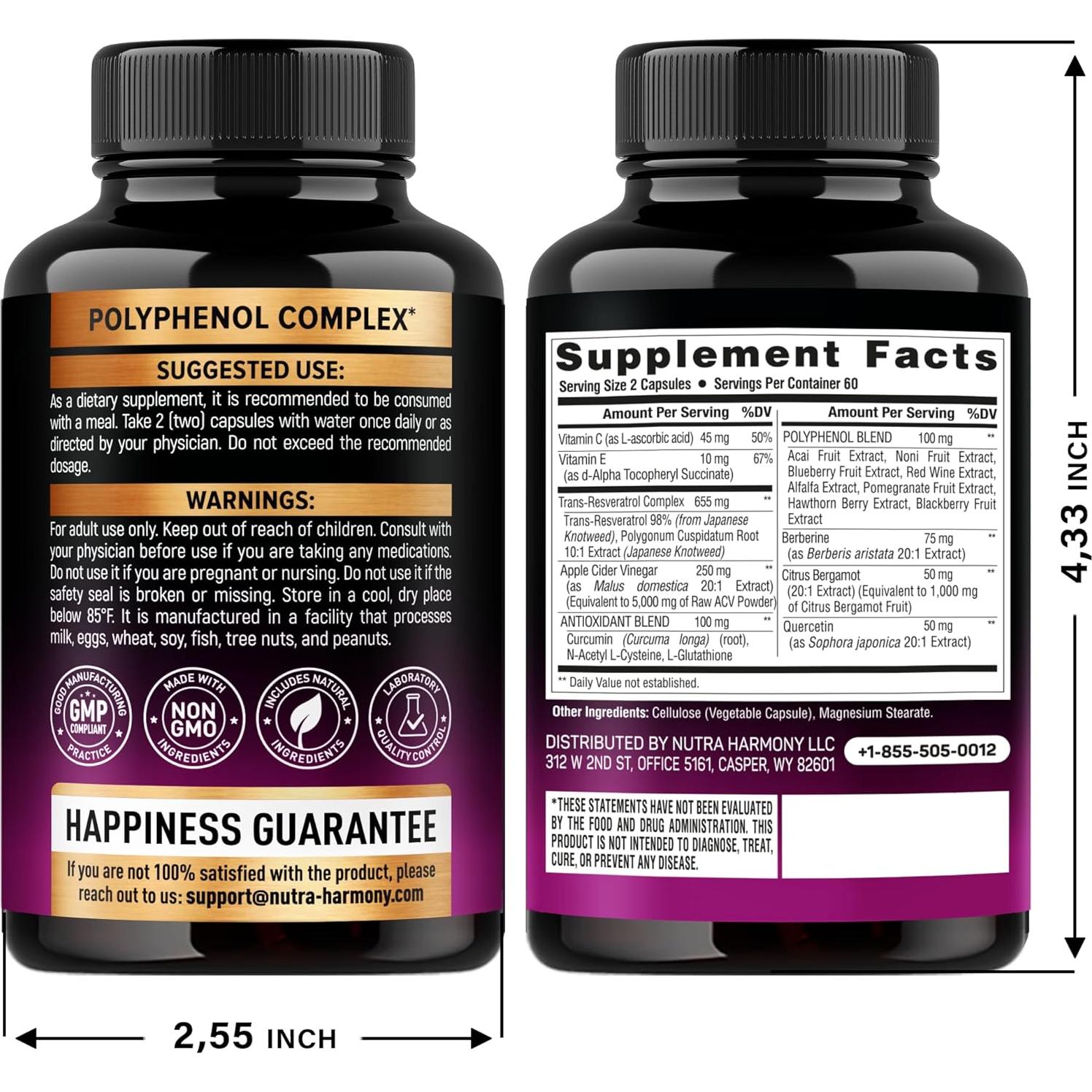 Suplemento de Resveratrol NUTRA HARMONY - 120 Cápsulas Antioxidantes