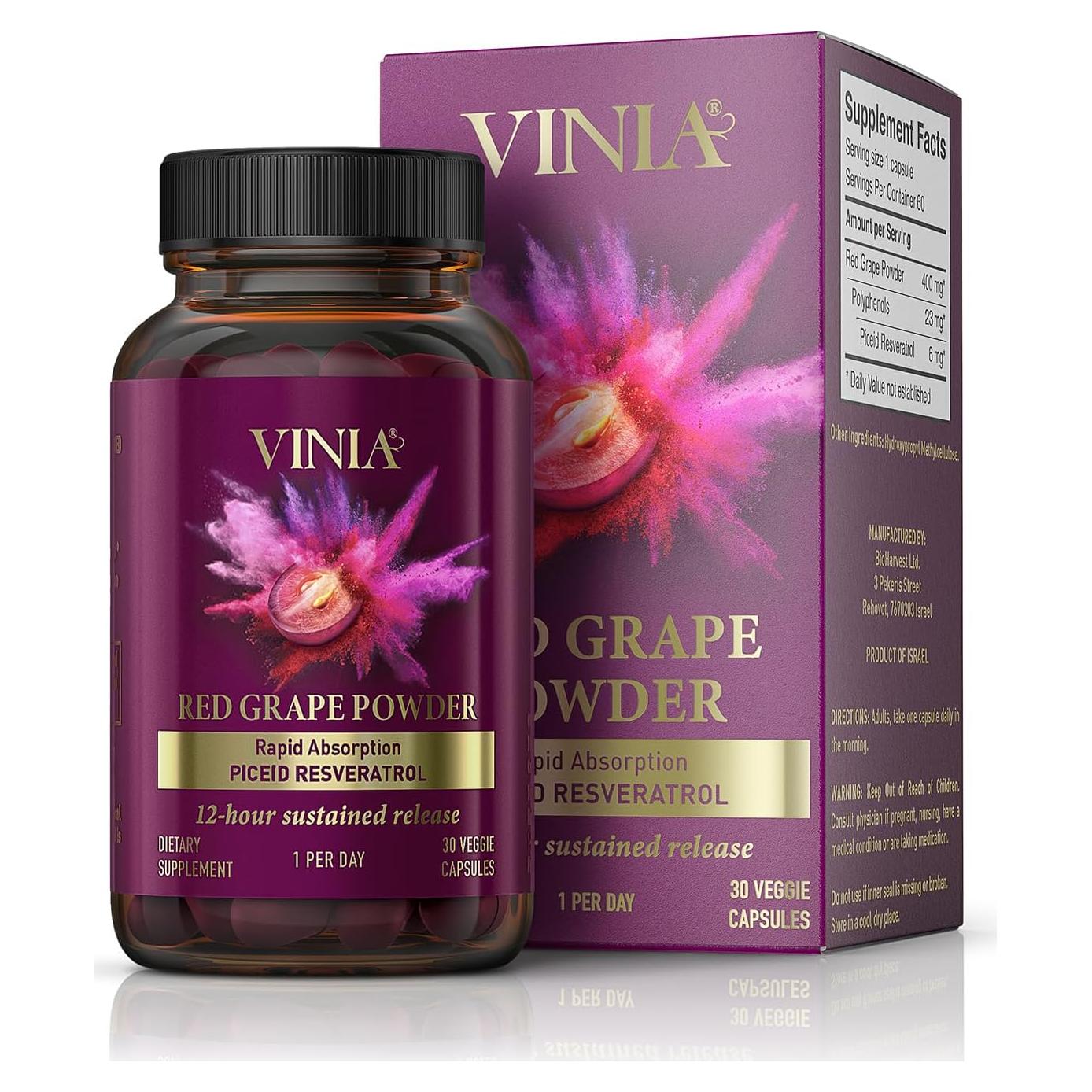 VINIA Suplemento de Resveratrol Piceid 30 Cápsulas Veganas