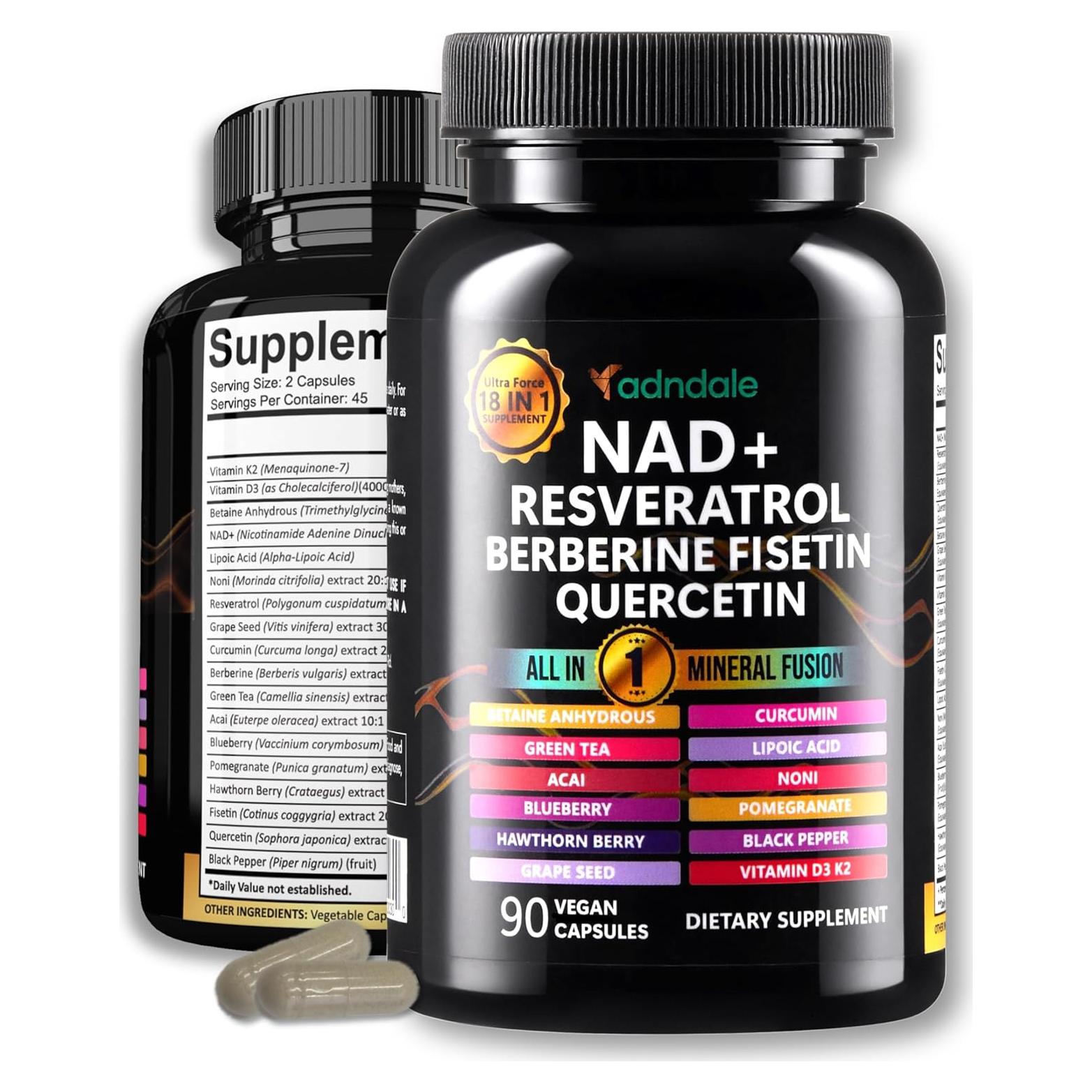 Suplemento de NAD+ Resveratrol Berberina Adndale 90 Cápsulas