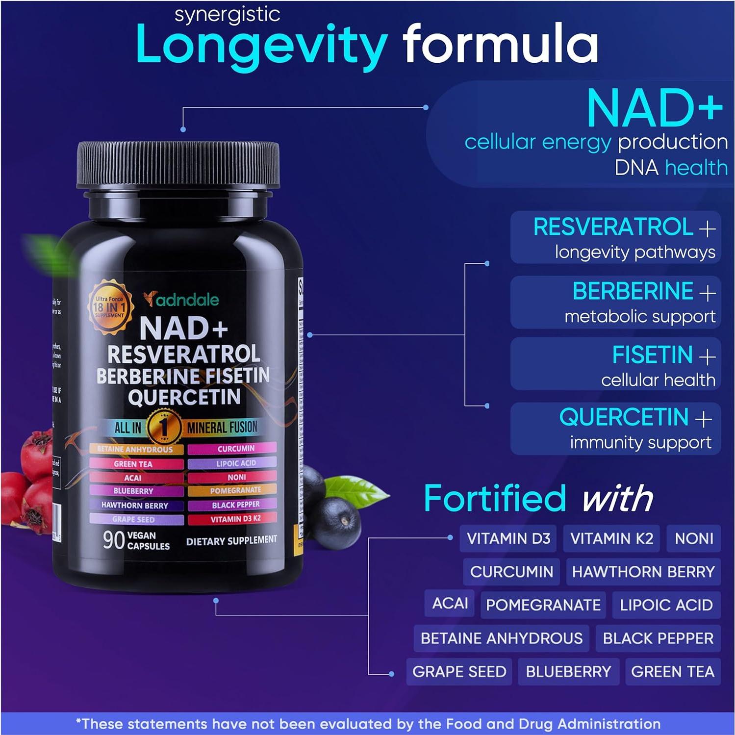Suplemento de NAD+ Resveratrol Berberina Adndale 90 Cápsulas
