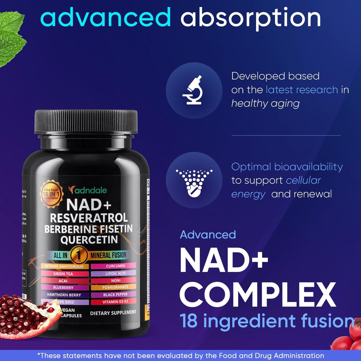 Suplemento de NAD+ Resveratrol Berberina Adndale 90 Cápsulas