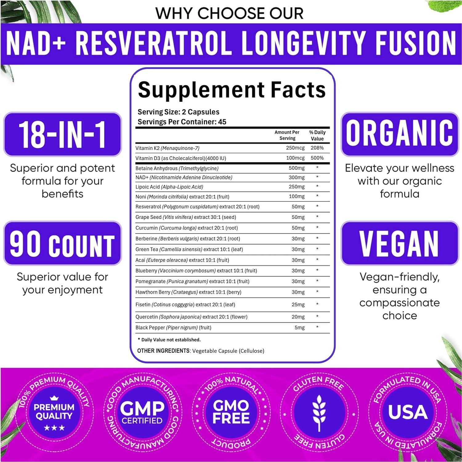 Suplemento de NAD+ Resveratrol Berberina Adndale 90 Cápsulas