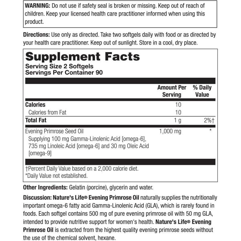 Aceite de Onagra Natures Life 1000 mg 180 Cápsulas Blandas