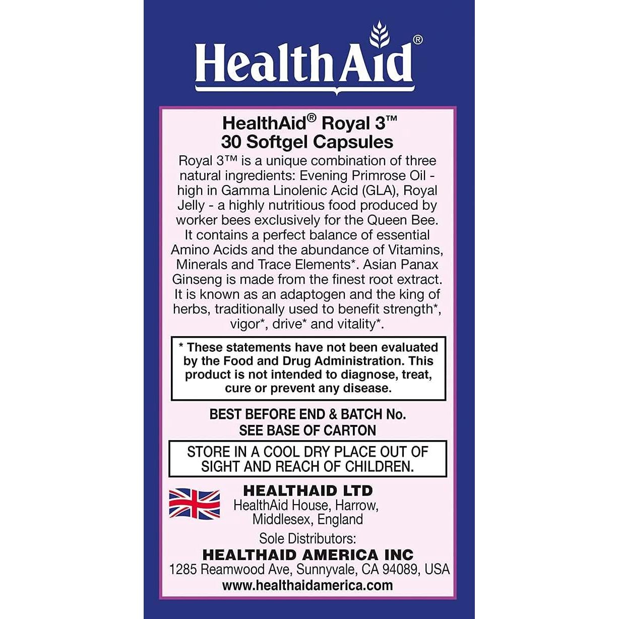 Royal 3 HealthAid - 30 Cápsulas de Aceite de Onagra y Ginseng