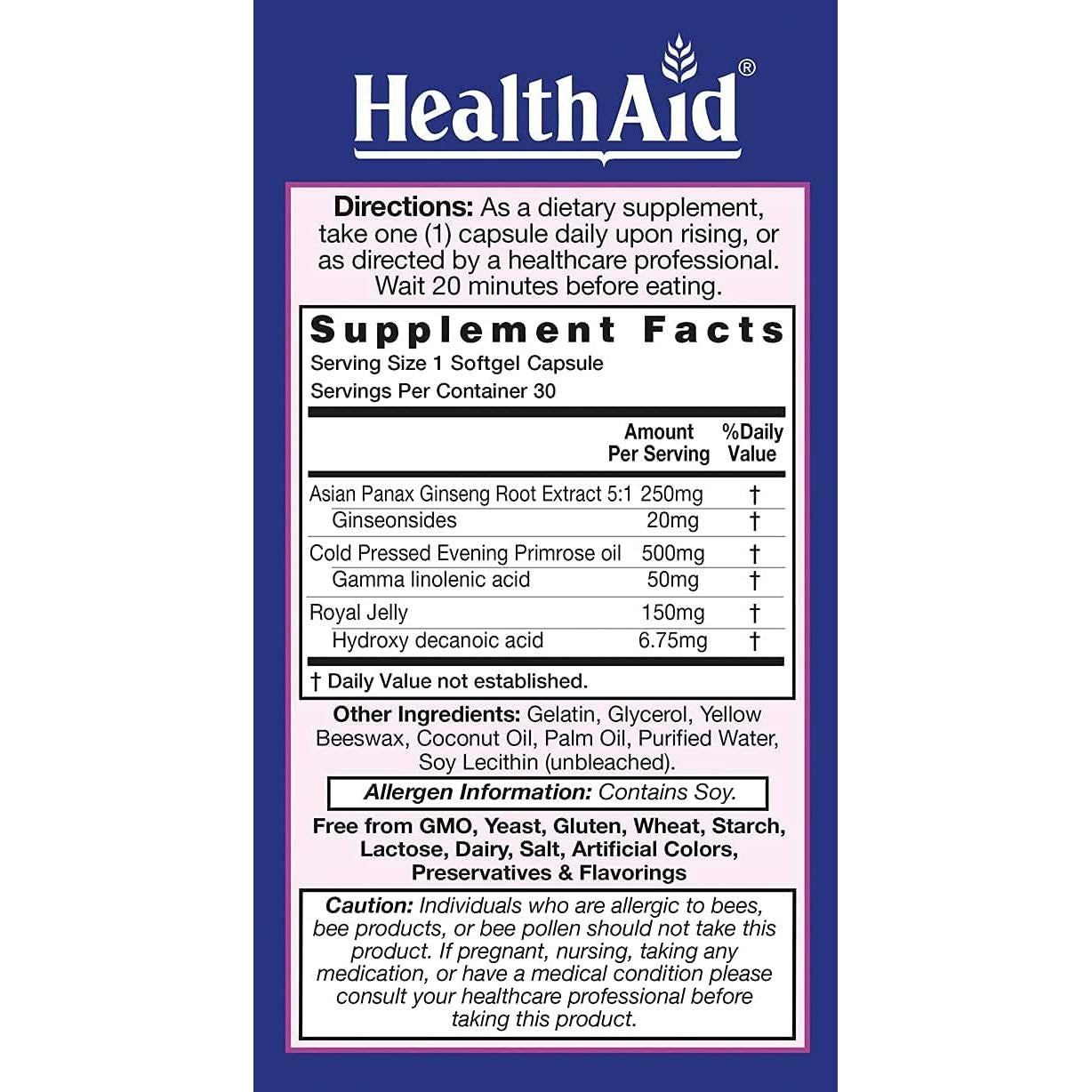 Royal 3 HealthAid - 30 Cápsulas de Aceite de Onagra y Ginseng