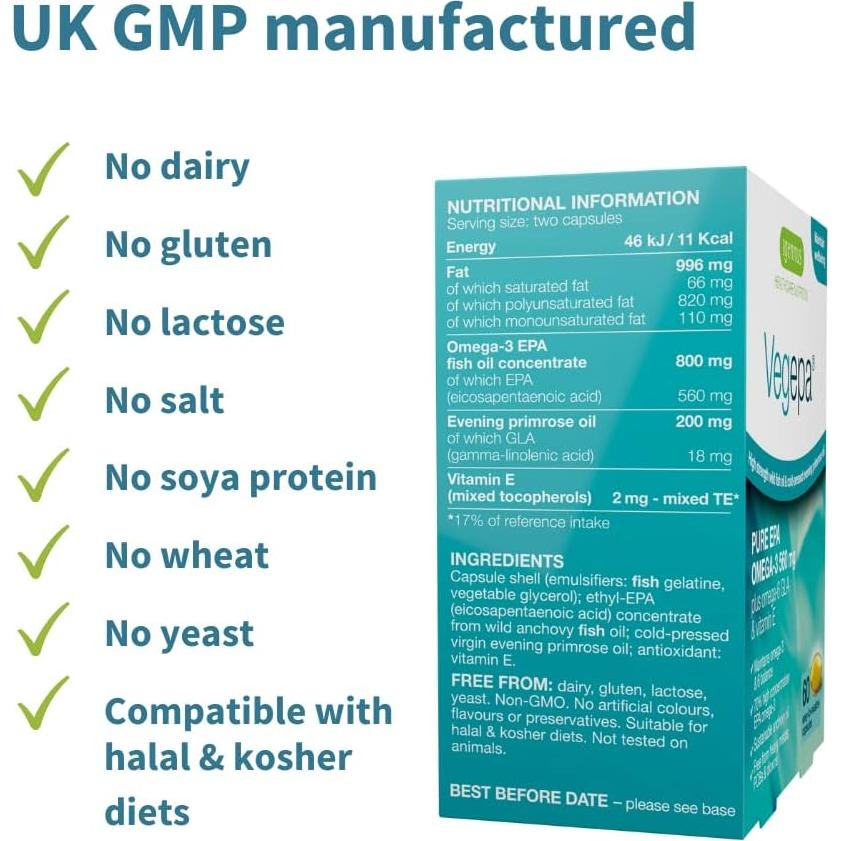 Vegepa Omega 3 Aceite de Pescado Salvaje 560 mg EPA 60 Cápsulas