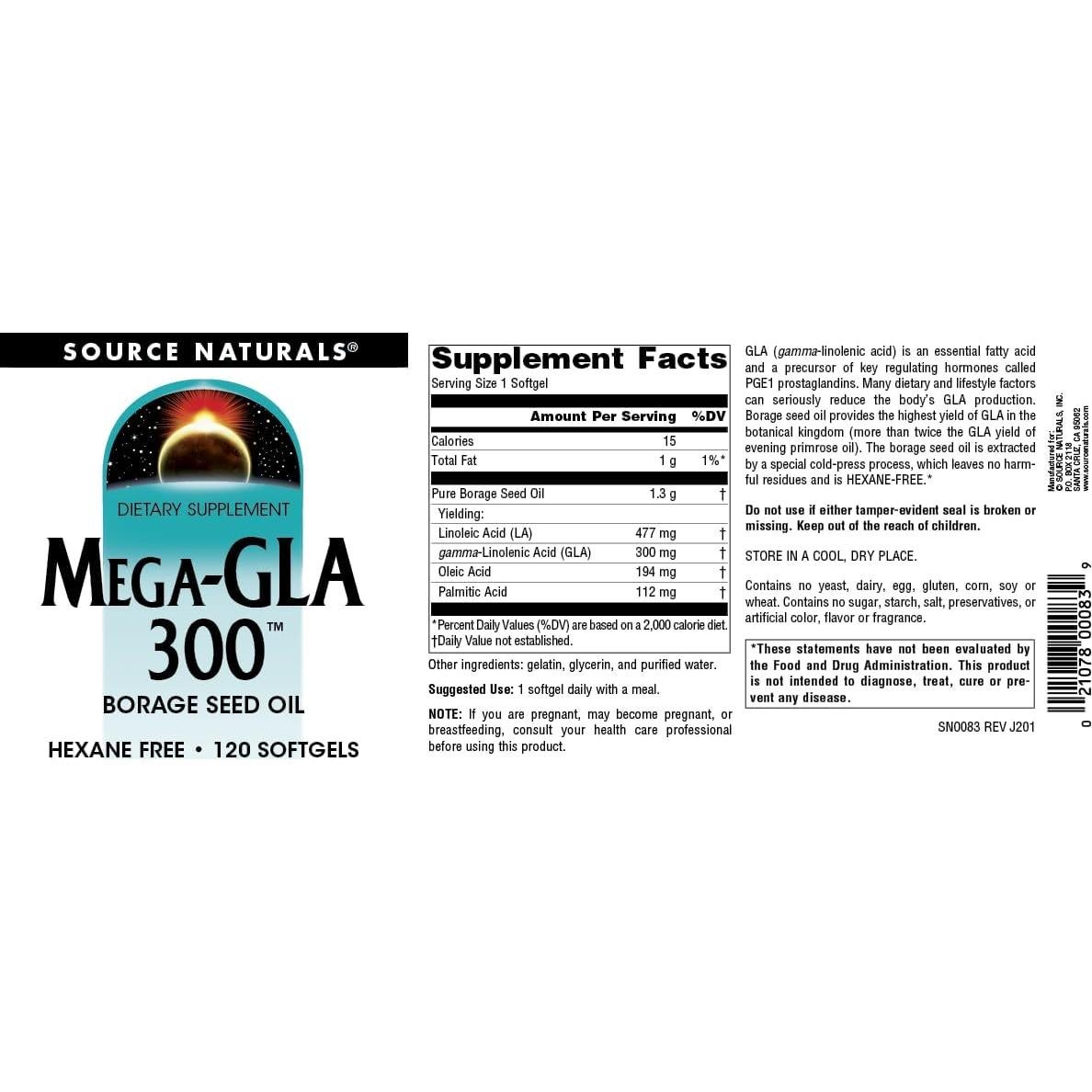 Source Naturals Mega-GLA 300 - Aceite de Semilla de Borraja 120 Softgels