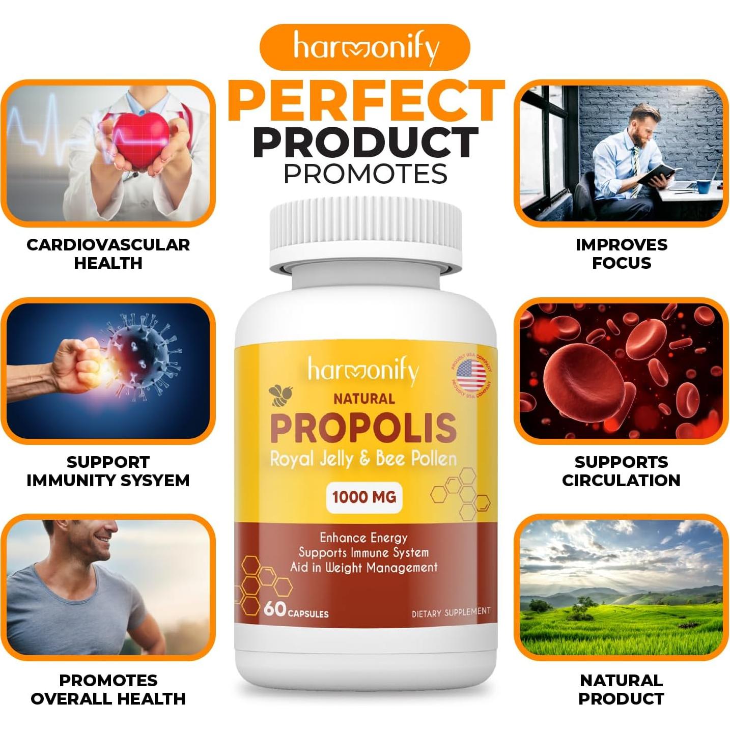 Suplemento Inmunológico Harmonify 1000 mg - Polen, Propóleos y Jalea Real