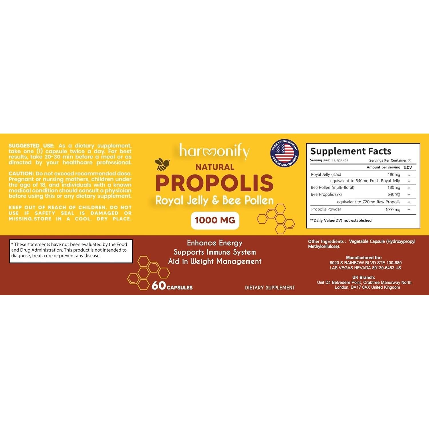 Suplemento Inmunológico Harmonify 1000 mg - Polen, Propóleos y Jalea Real