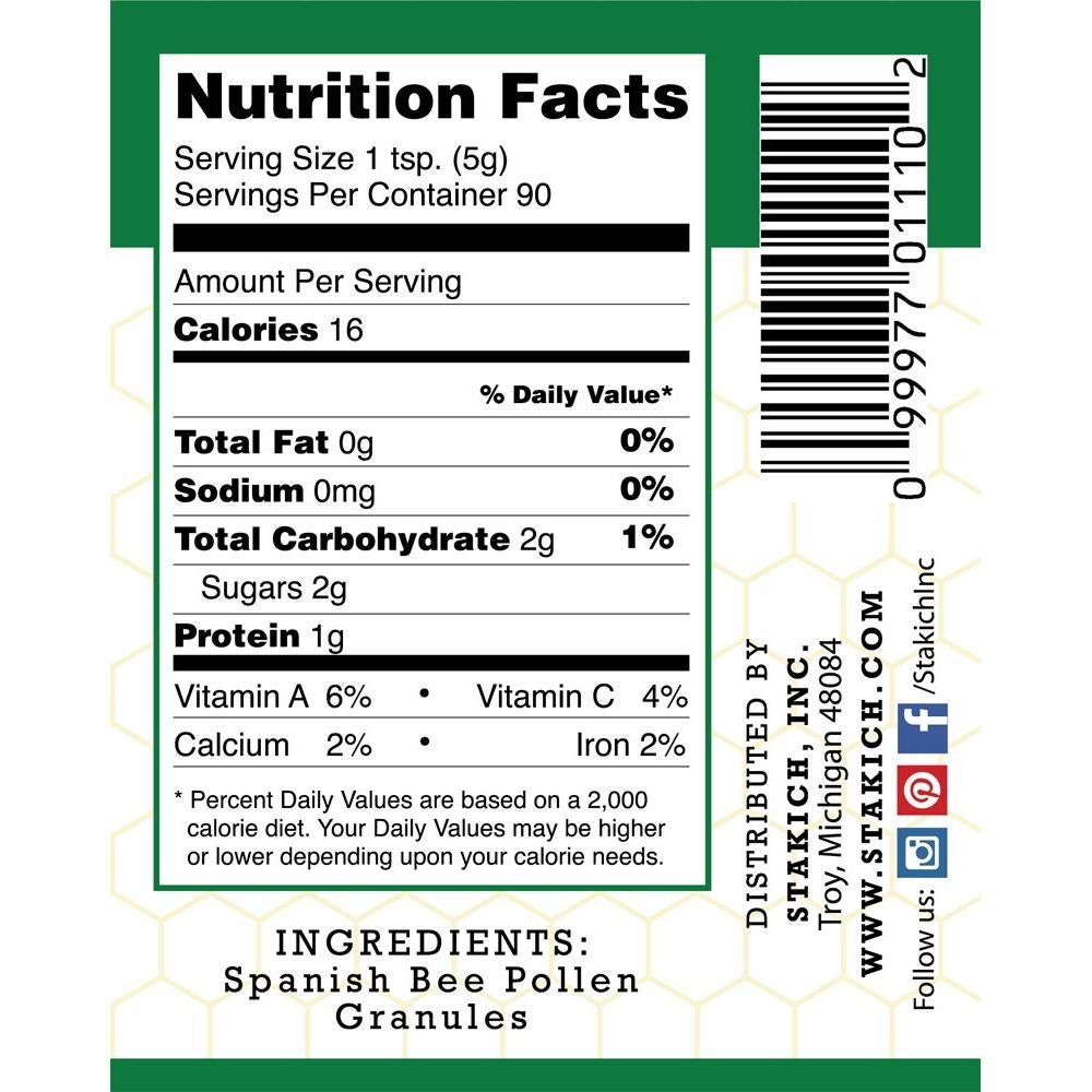 Gránulos de Polen de Abeja Stakich 453g Puro Natural Sin Procesar