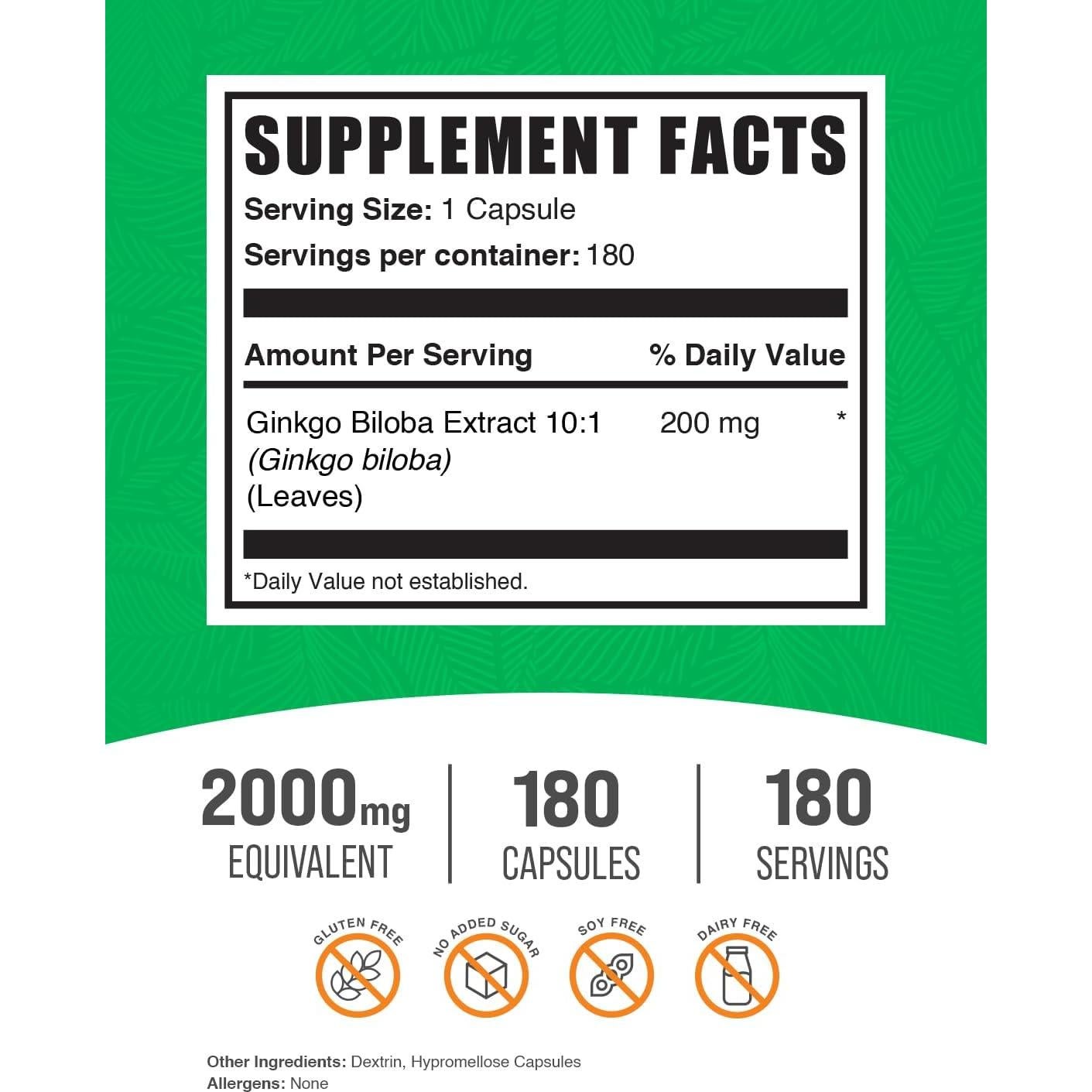 Cápsulas de Ginkgo Biloba 200mg BulkSupplements - 180 unidades