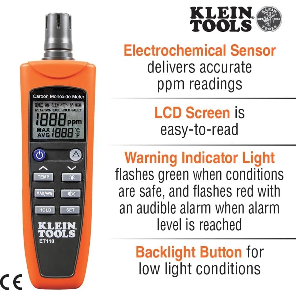 Medidor de CO Klein Tools ET110 con Alarma y Funda