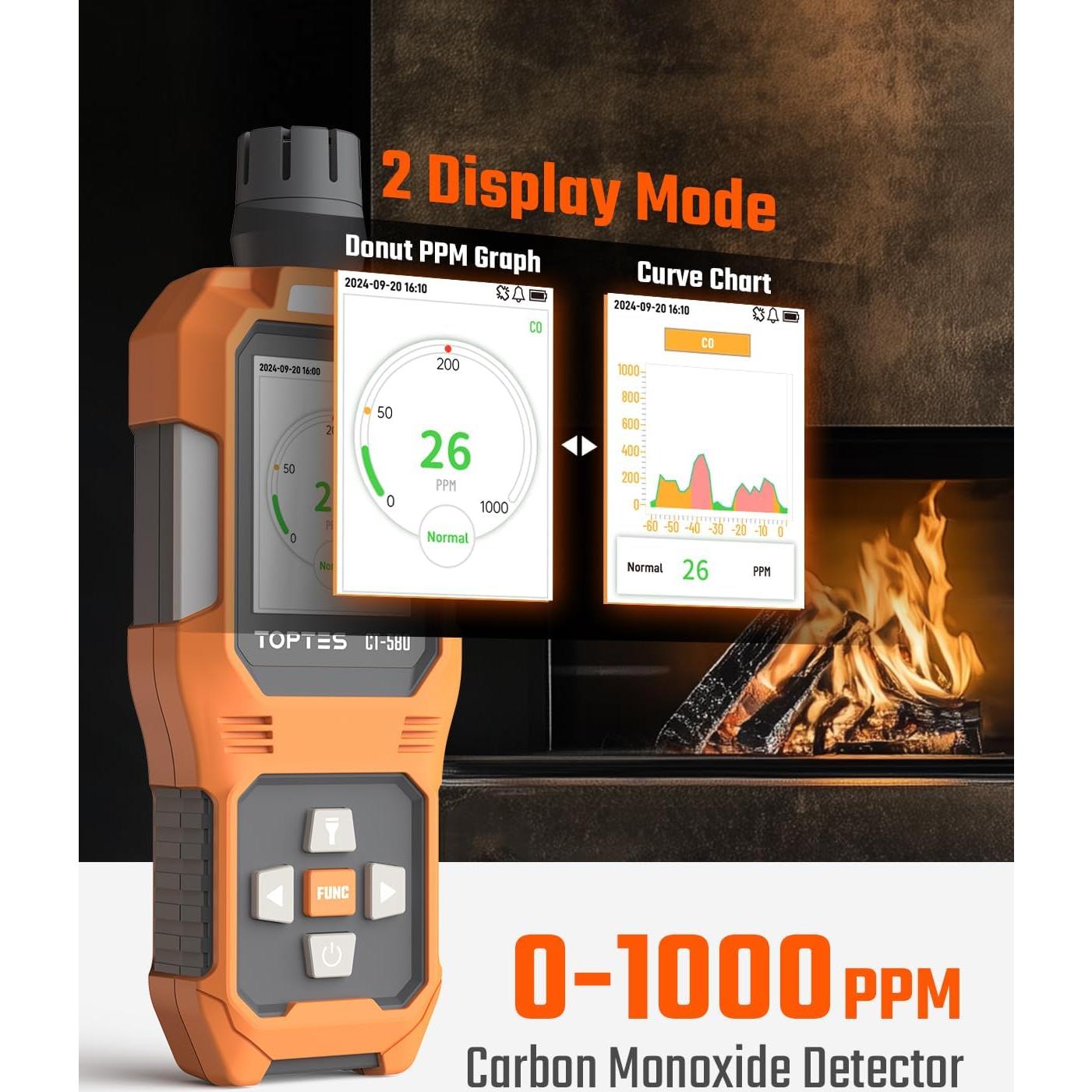 Detector de Monóxido de Carbono TOPTES CT-580, Pantalla Color TFT
