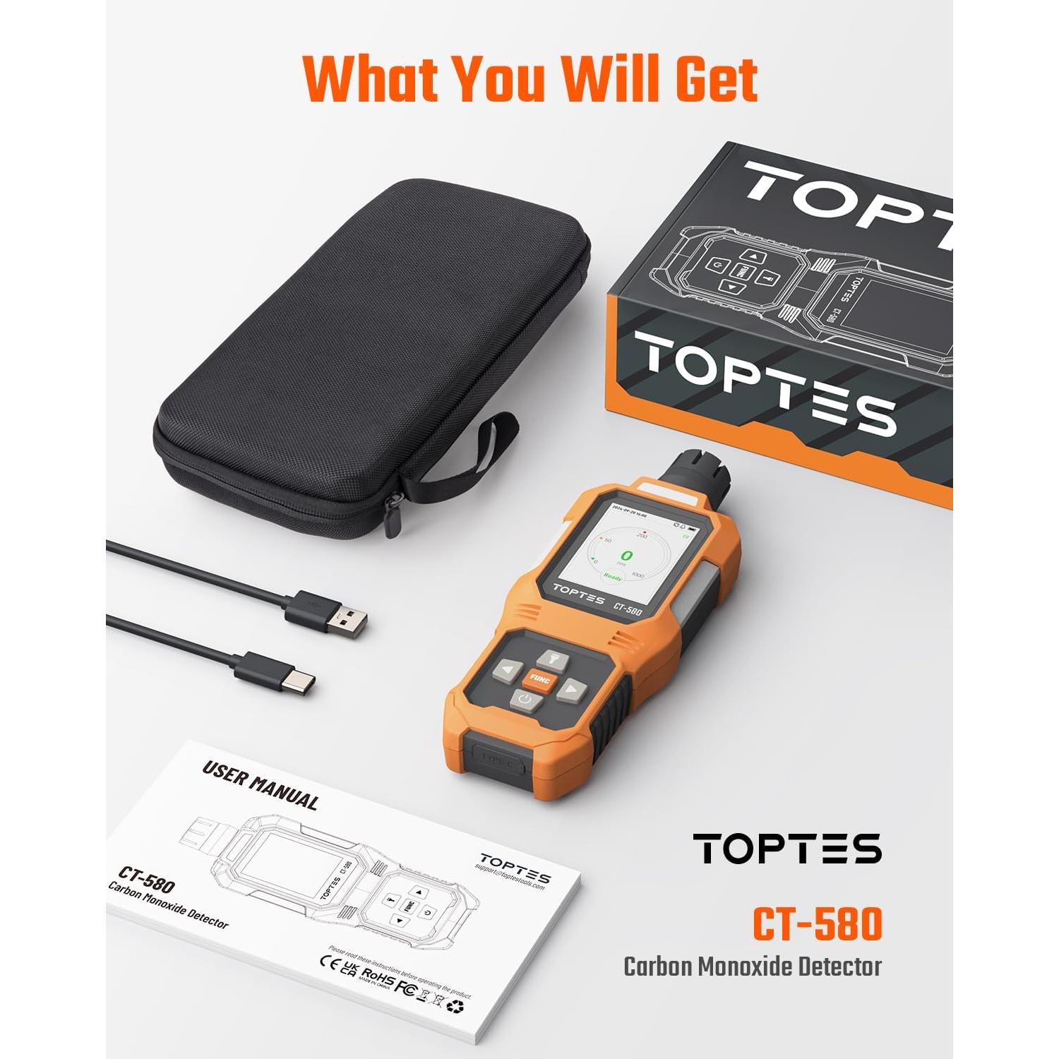 Detector de Monóxido de Carbono TOPTES CT-580, Pantalla Color TFT