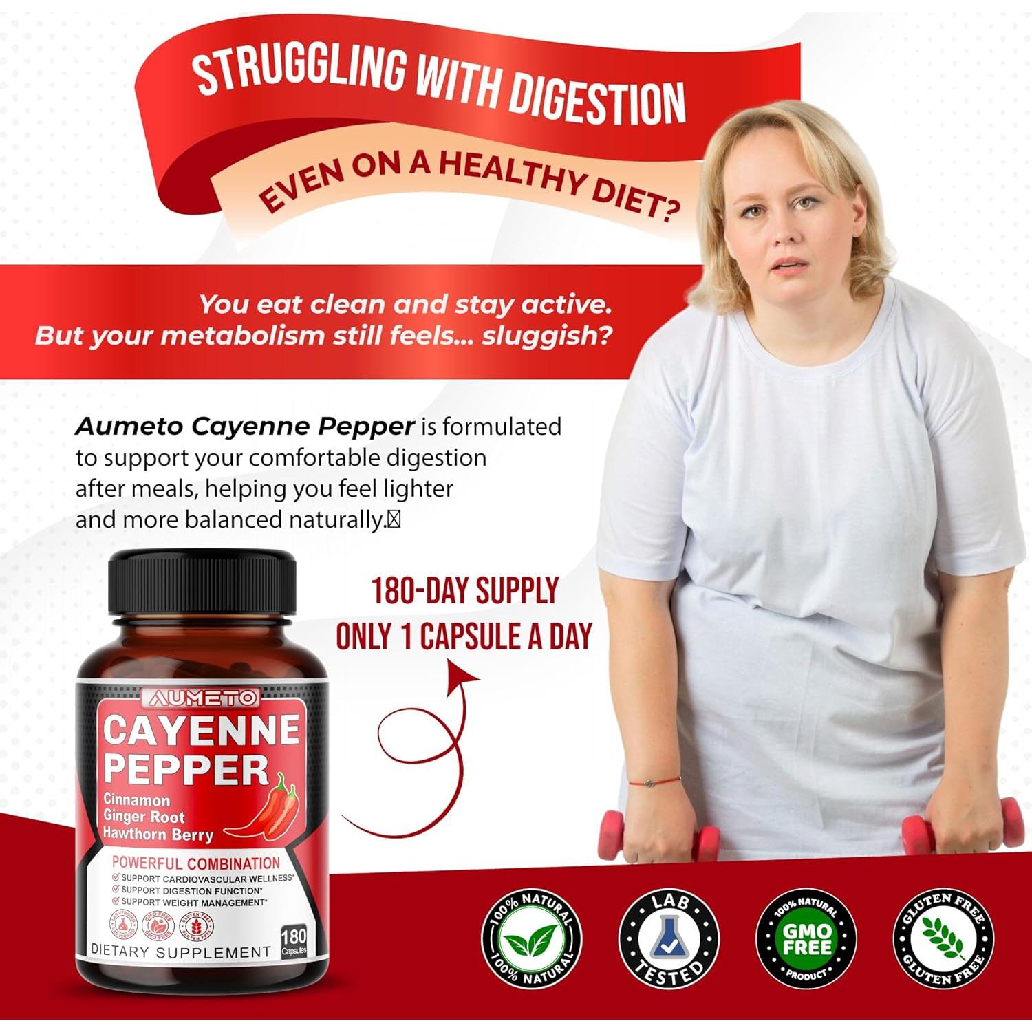 Cápsulas de Pimienta de Cayena Aumeto 180 Unidades - Bienestar Digestivo y Cardiovascular