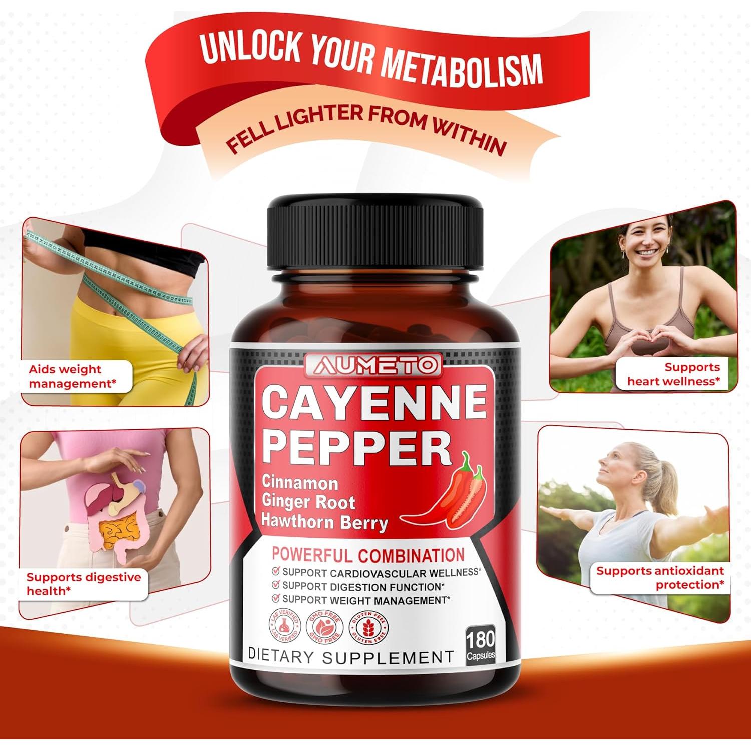 Cápsulas de Pimienta de Cayena Aumeto 180 Unidades - Bienestar Digestivo y Cardiovascular