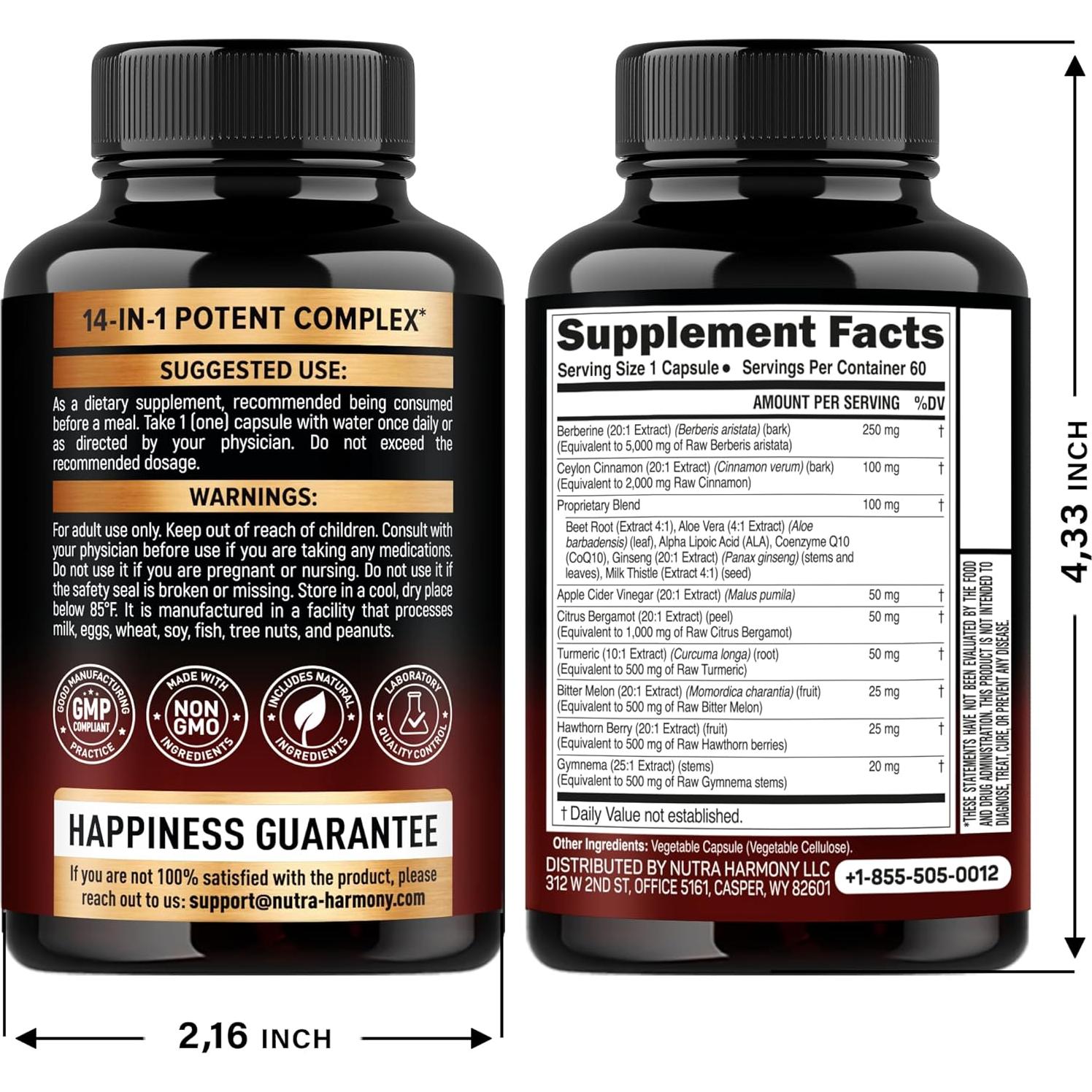 Suplemento Vegano 14 en 1 Nutra Harmony - Berberina, Canela, Vinagre, Energía