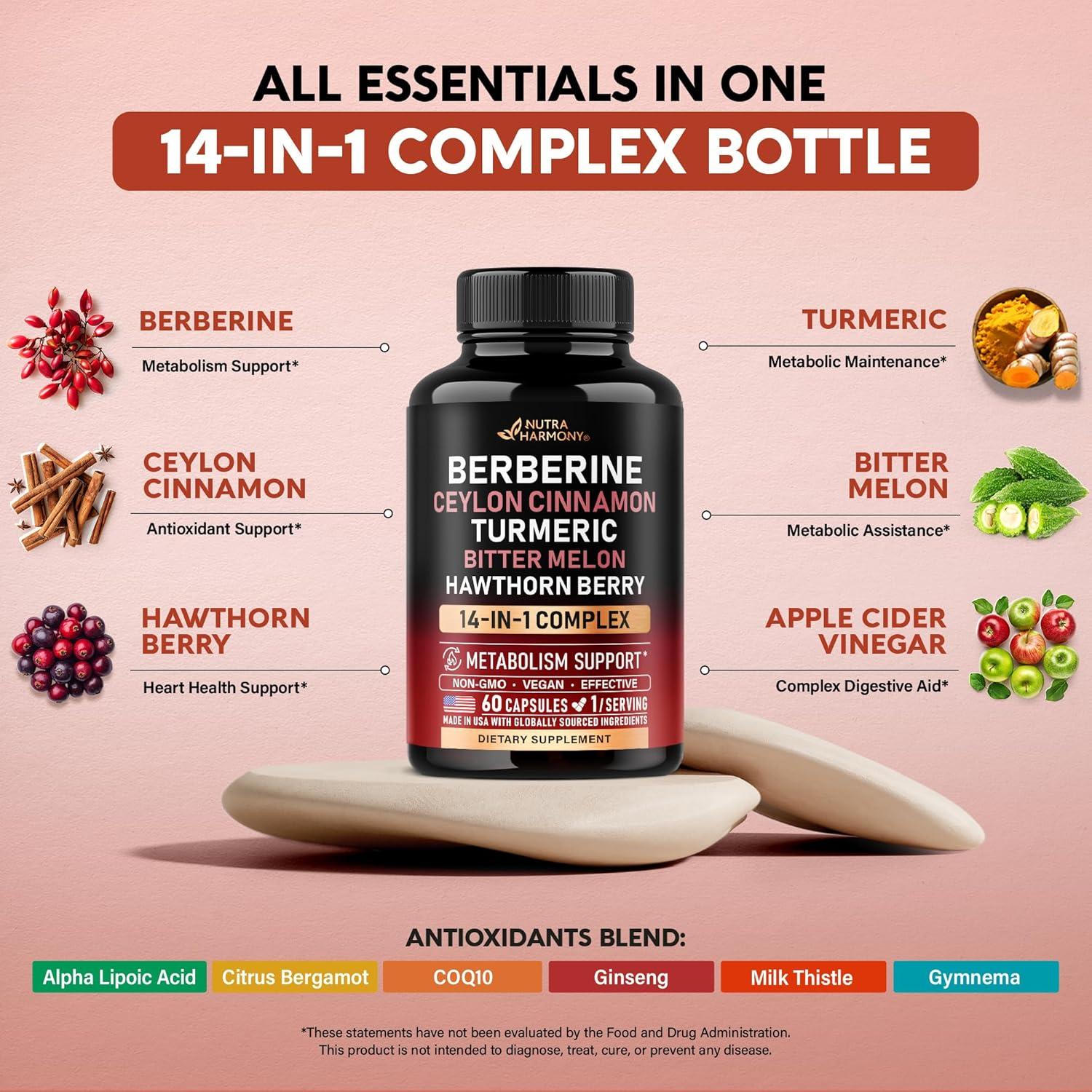 Suplemento Vegano 14 en 1 Nutra Harmony - Berberina, Canela, Vinagre, Energía
