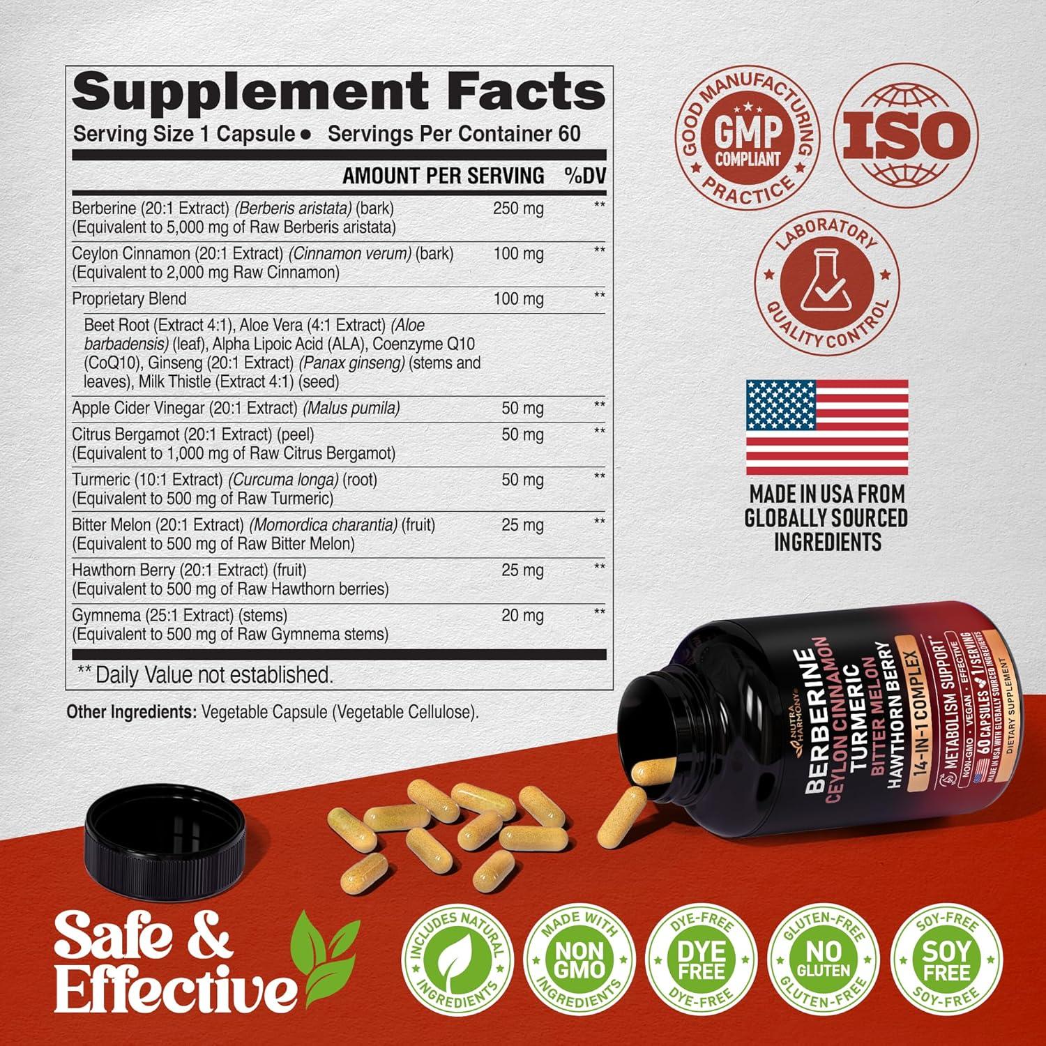 Suplemento Vegano 14 en 1 Nutra Harmony - Berberina, Canela, Vinagre, Energía