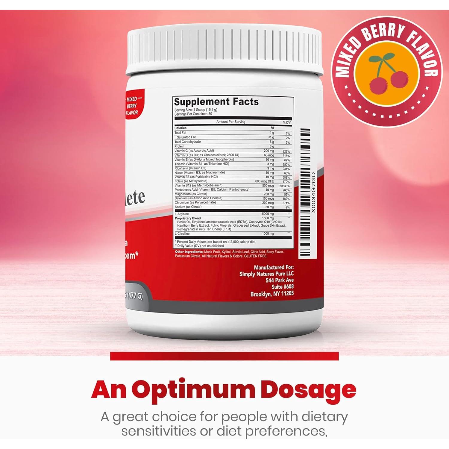 Suplemento Cardio Puro Simply Nature 5000mg L-Arginina 30 Porciones